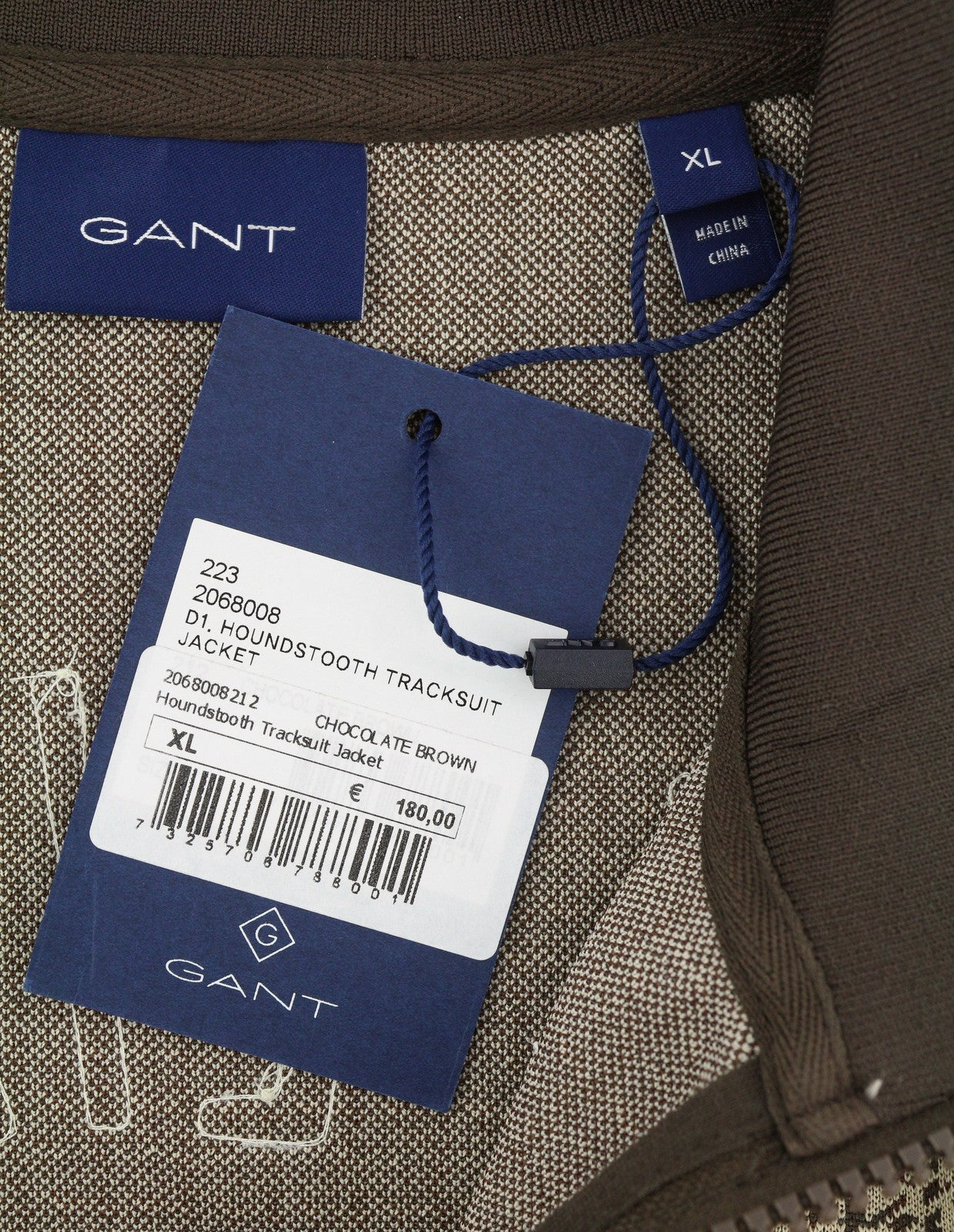 GANT Houndstooth Men Sweatshirt XL Chocolate Brown High Neck Full Zip RRP180