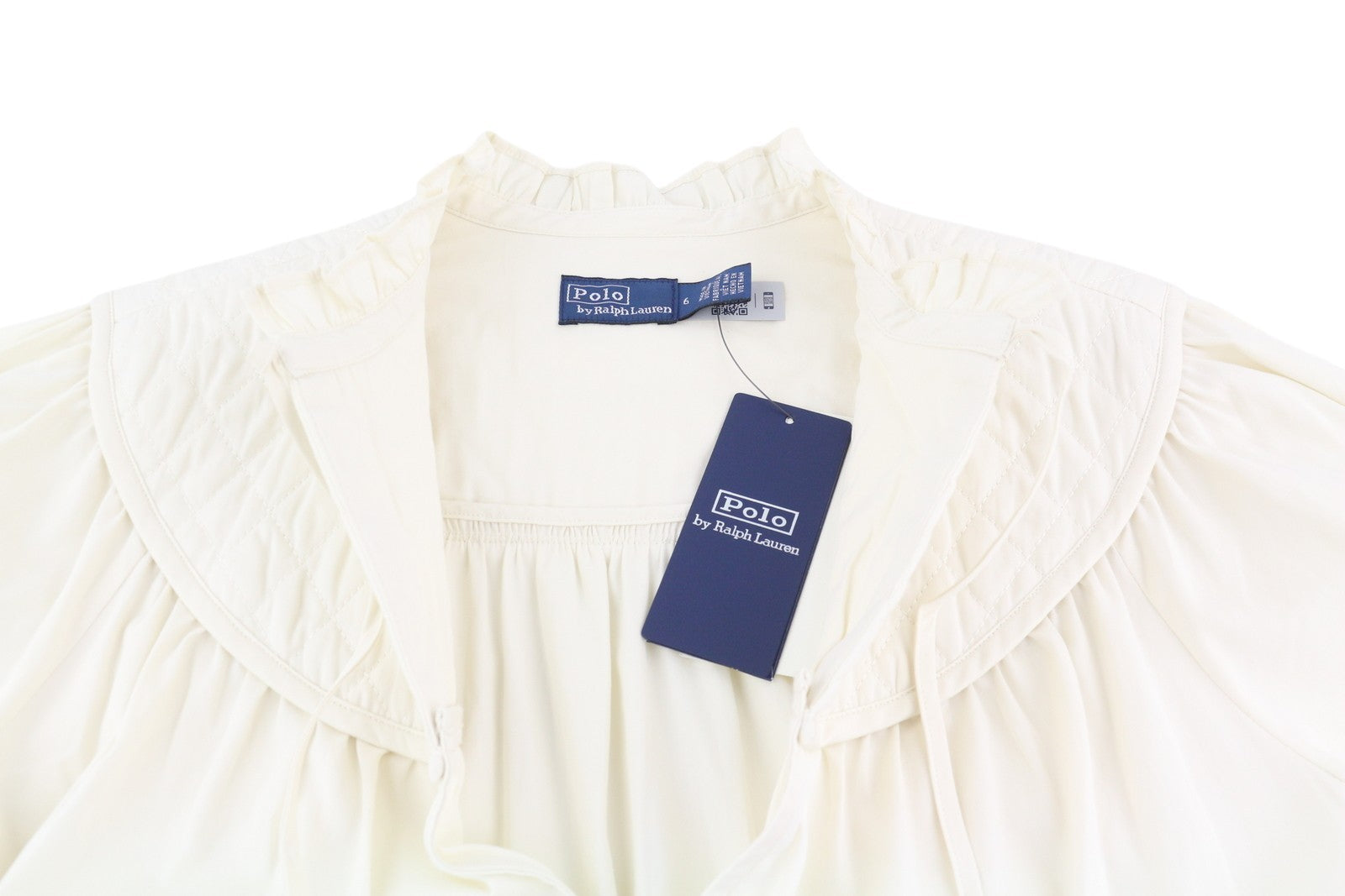 RALPH LAUREN Elia Women Dress S White Cotton Ruffle Collar 3/4 Sleeve Midi