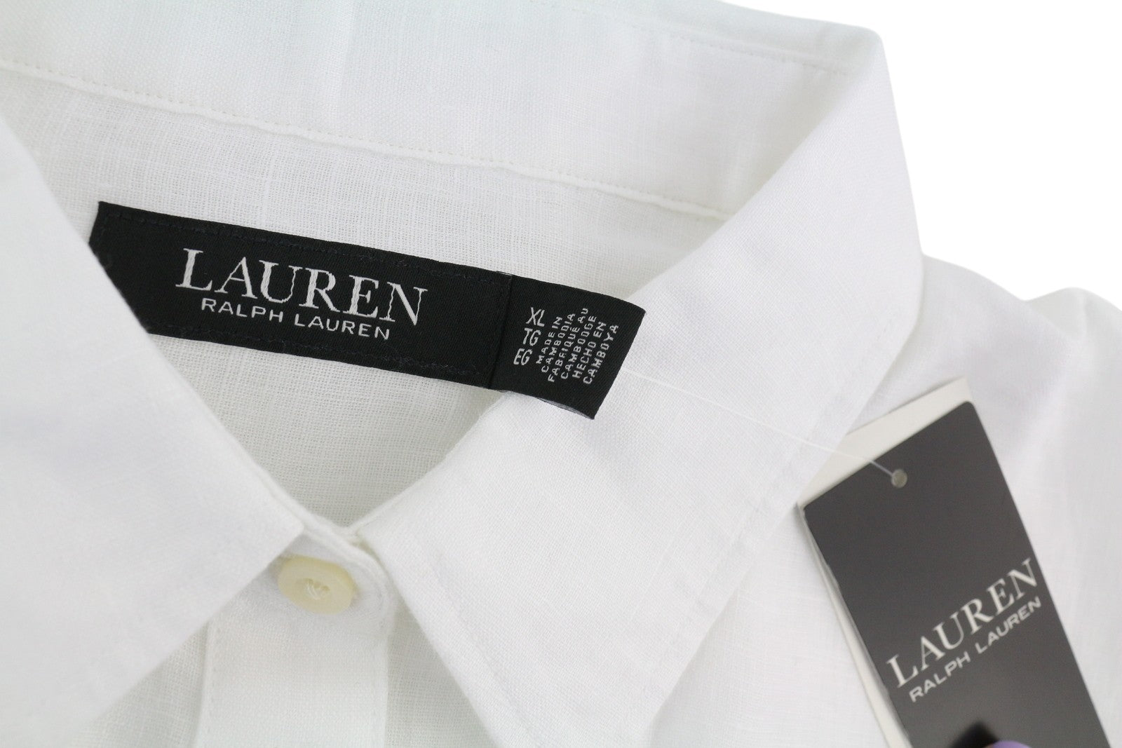 LAUREN RALPH LAUREN Women Shirt XL White Linen Short Sleeve Buttoned Spread