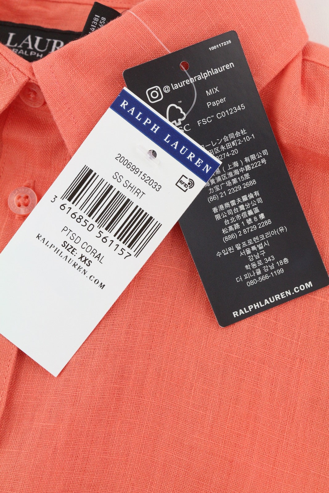 LAUREN RALPH LAUREN Women Shirt 2XS Orange Linen Short Sleeve Buttoned Spread