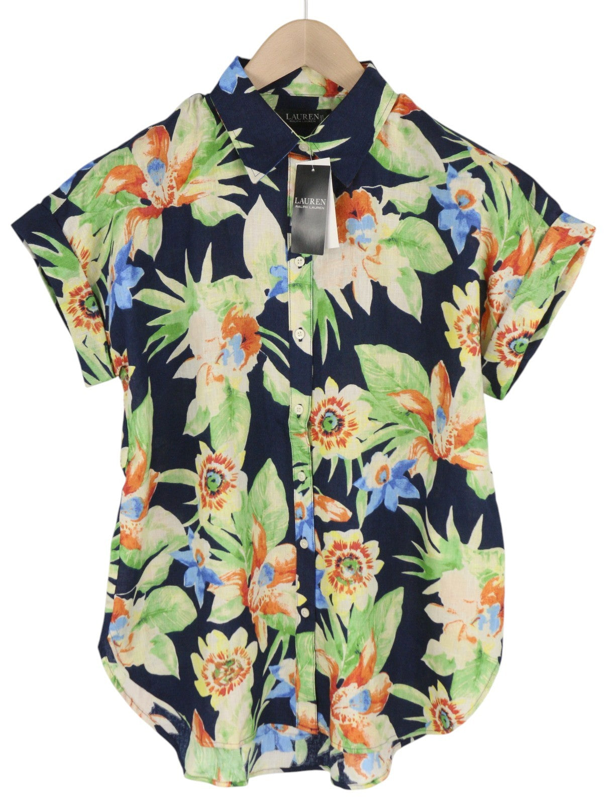 LAUREN RALPH LAUREN Women Shirt M Linen Floral Short Sleeve Buttoned RRP169