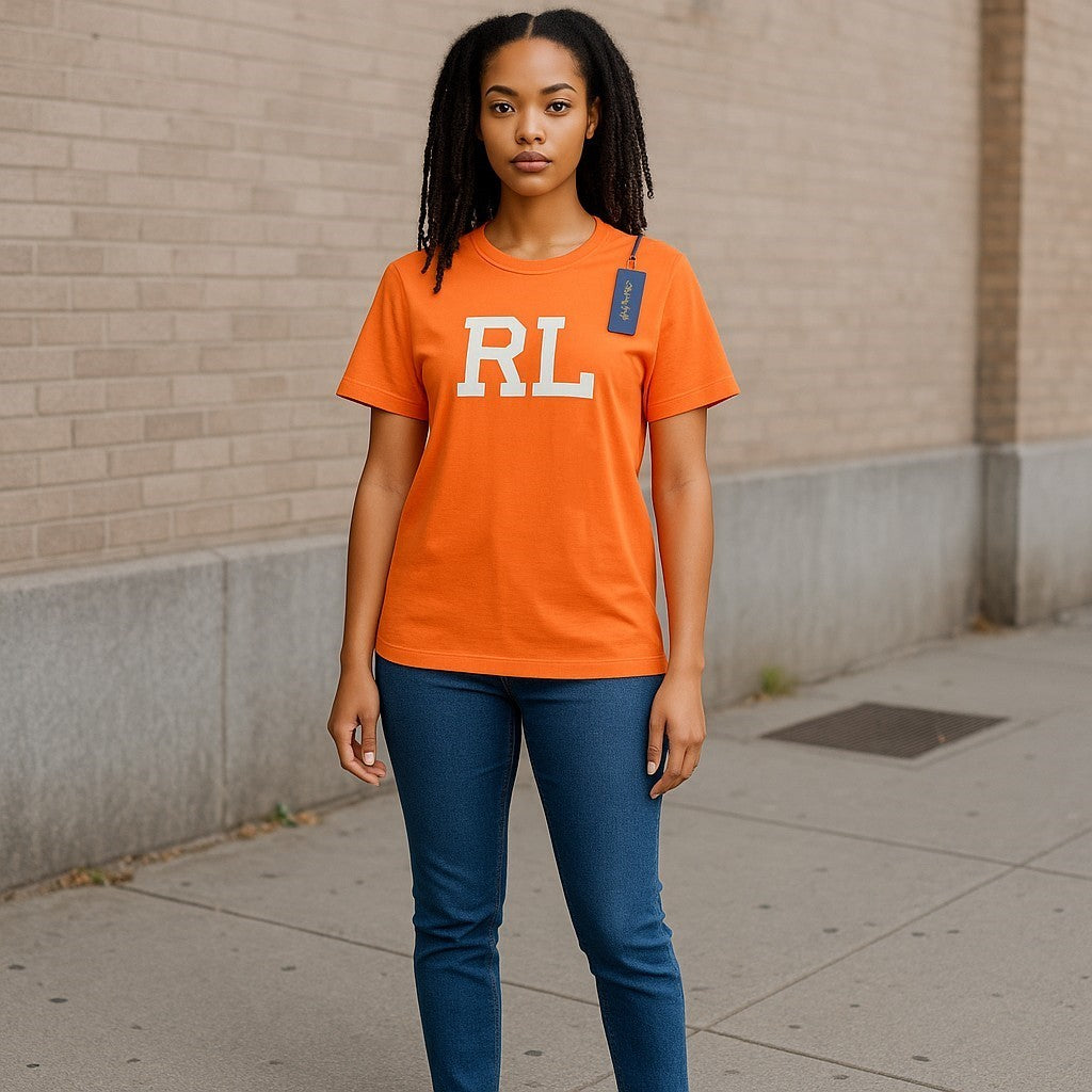 RALPH LAUREN Women T-Shirt M Orange Short Sleeve Crew Neck Tricot Stretch