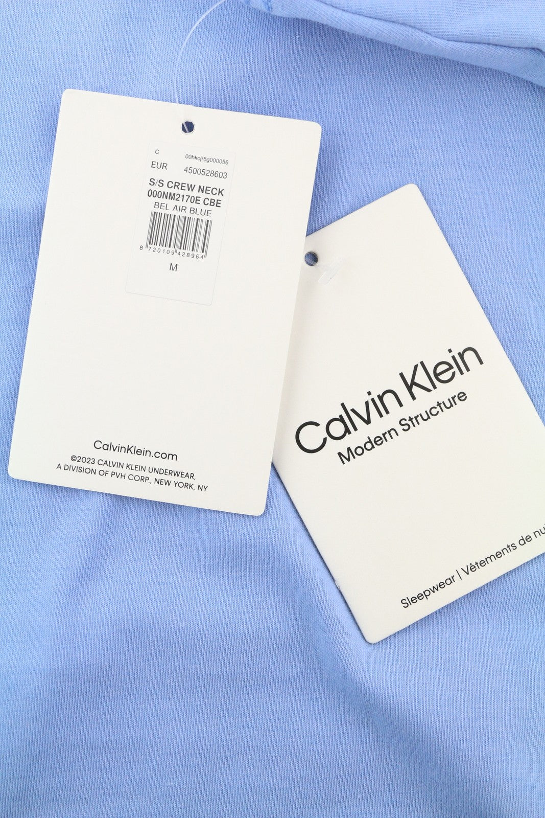 CALVIN KLEIN Crew Neck Men T-Shirt M Blue Stretch Tricot Short Sleeve Logo