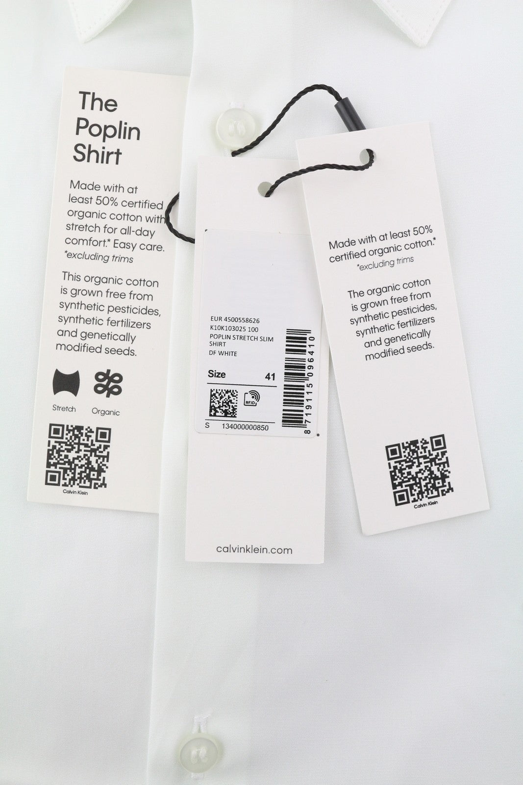 CALVIN KLEIN Poplin Stretch Slim Men Shirt L White Spread Neck Button-Up Formal