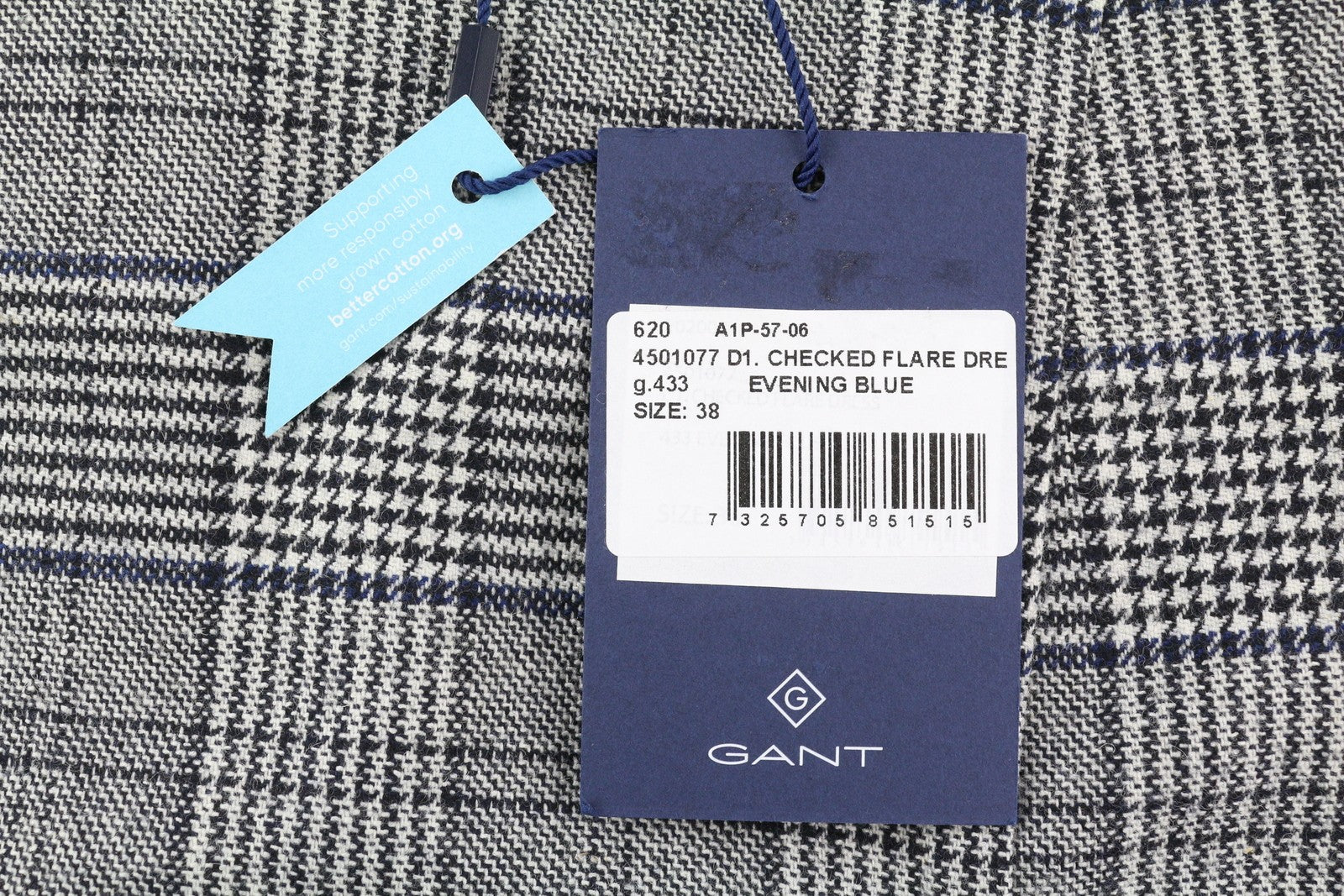 GANT Checked Flare Women Dress EU38 Grey Plaid Mini 3/4 Sleeve Round Neck