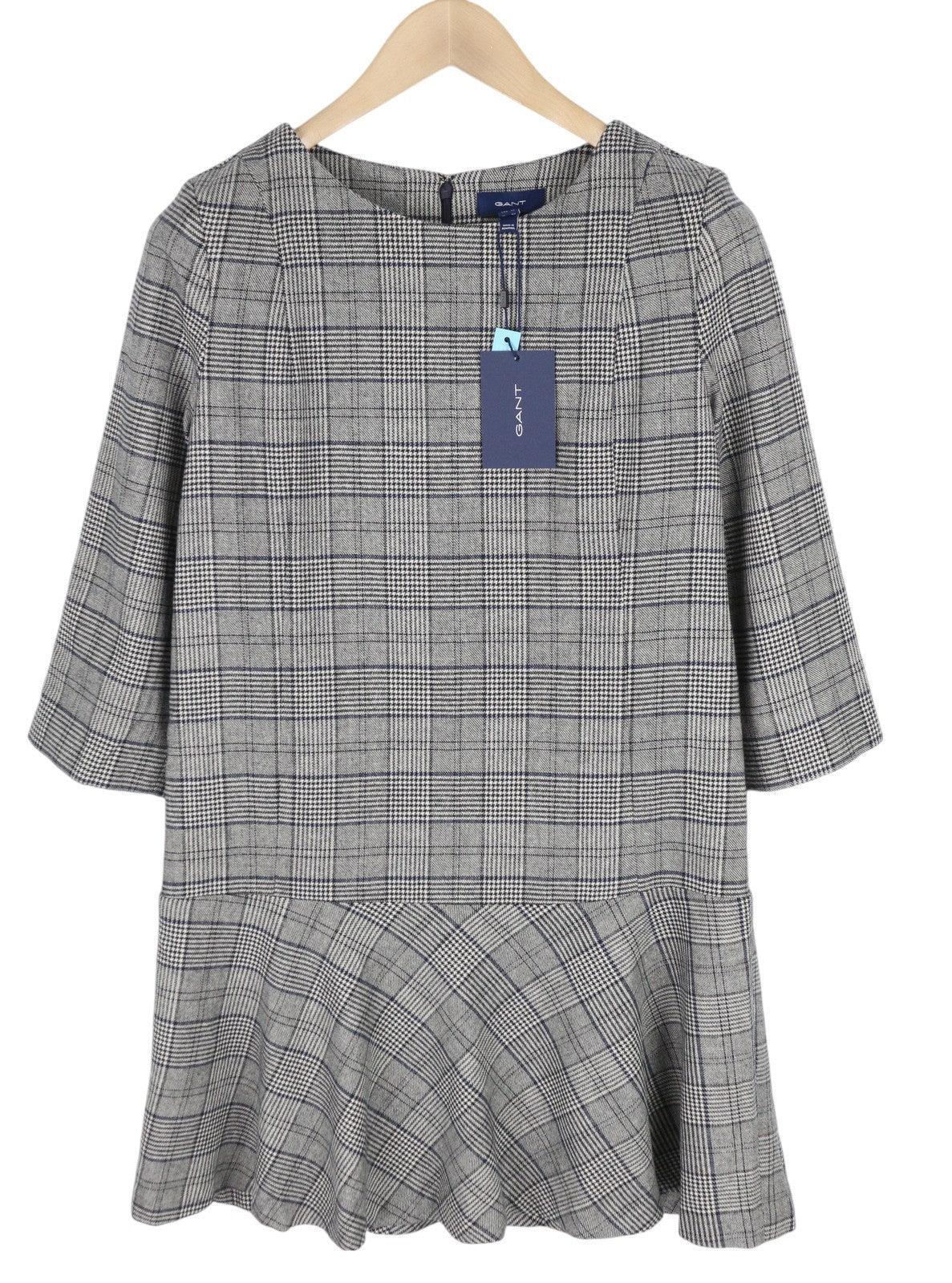 GANT Checked Flare Women Dress EU36 Grey Plaid Mini 3/4 Sleeve Round Neck