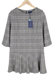 GANT Checked Flare Women Dress EU36 Grey Plaid Mini 3/4 Sleeve Round Neck