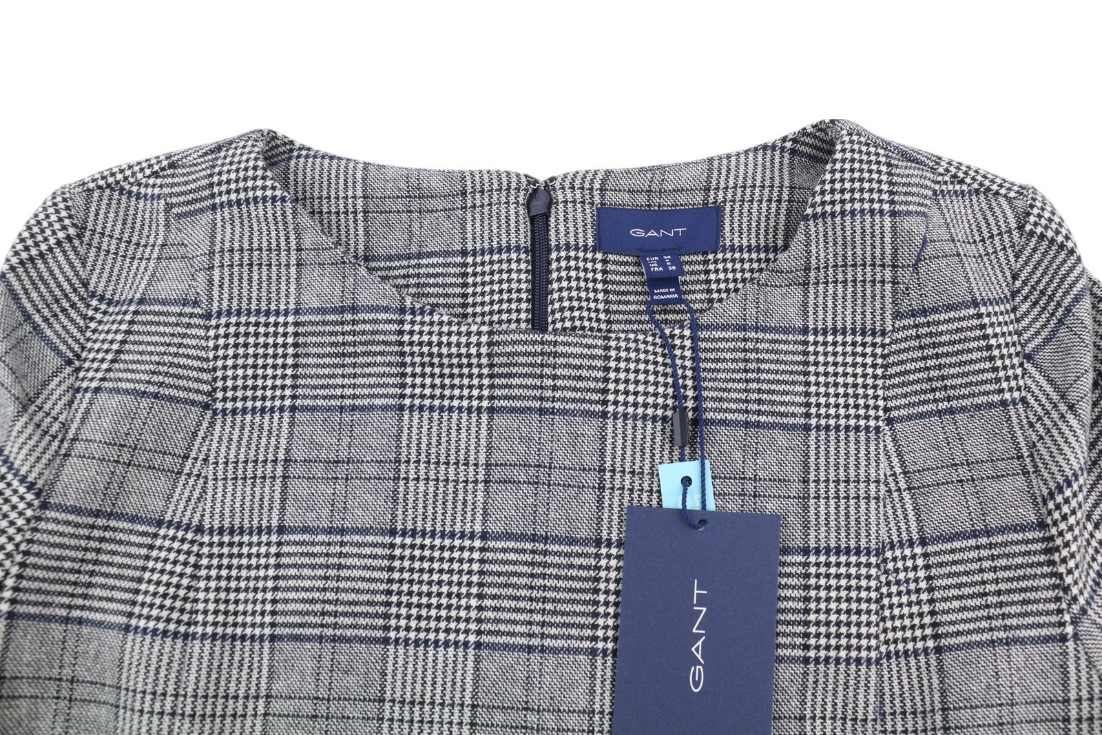 GANT Checked Flare Women Dress EU36 Grey Plaid Mini 3/4 Sleeve Round Neck