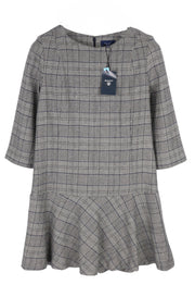 GANT Checked Flare Women Dress EU36 Grey Plaid Mini Round Neck 3/4 Sleeve