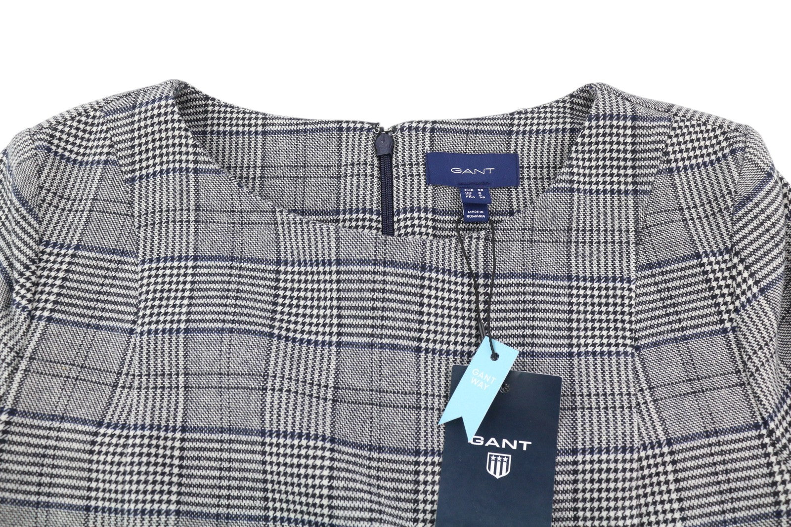 GANT Checked Flare Women Dress EU36 Grey Plaid Mini Round Neck 3/4 Sleeve