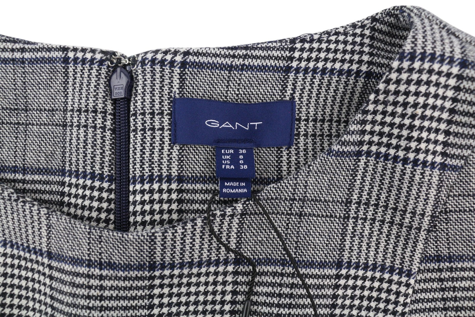 GANT Checked Flare Women Dress EU36 Grey Plaid Mini Round Neck 3/4 Sleeve