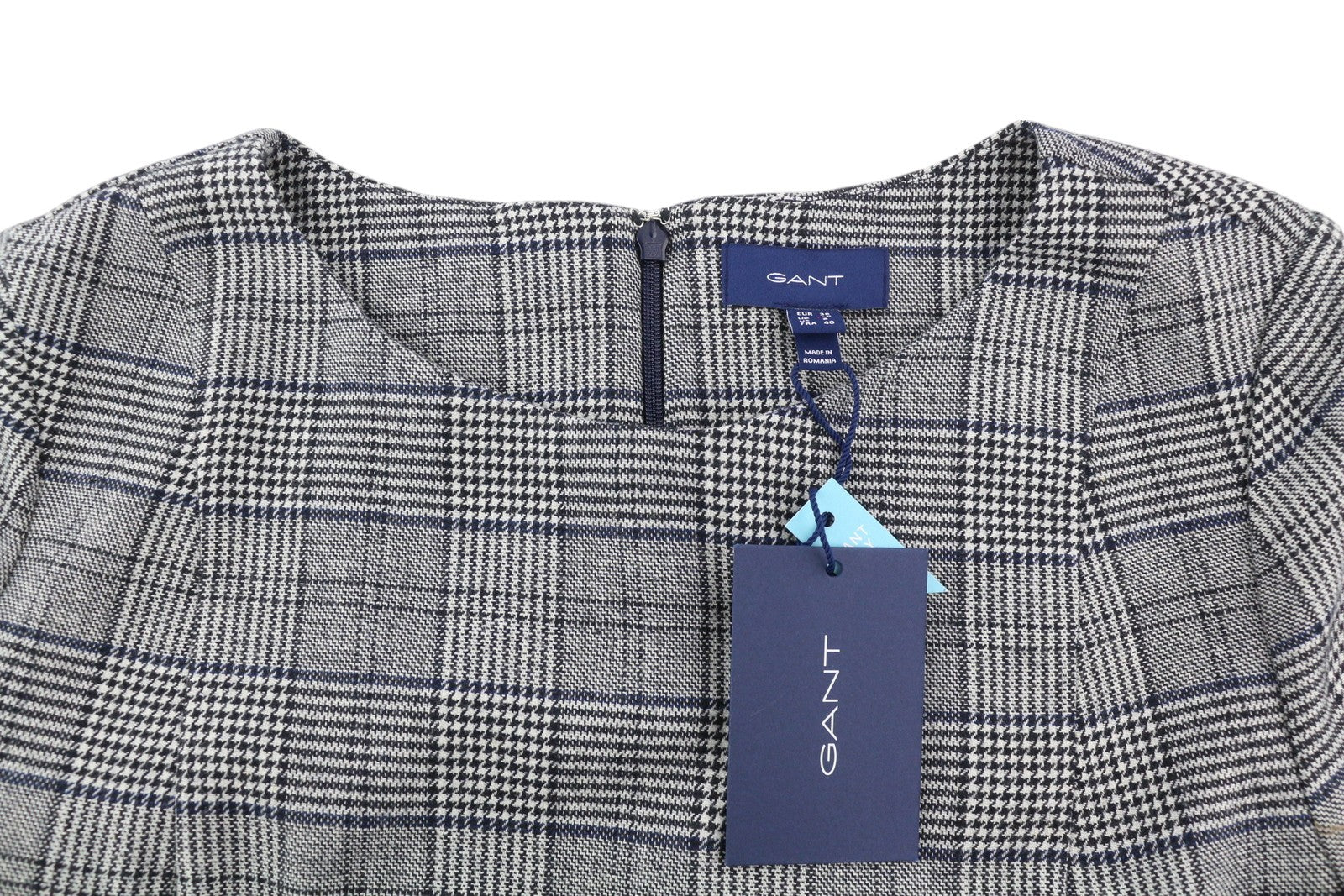 GANT Checked Flare Women Dress EU38 Grey Plaid Mini Round Neck 3/4 Sleeve