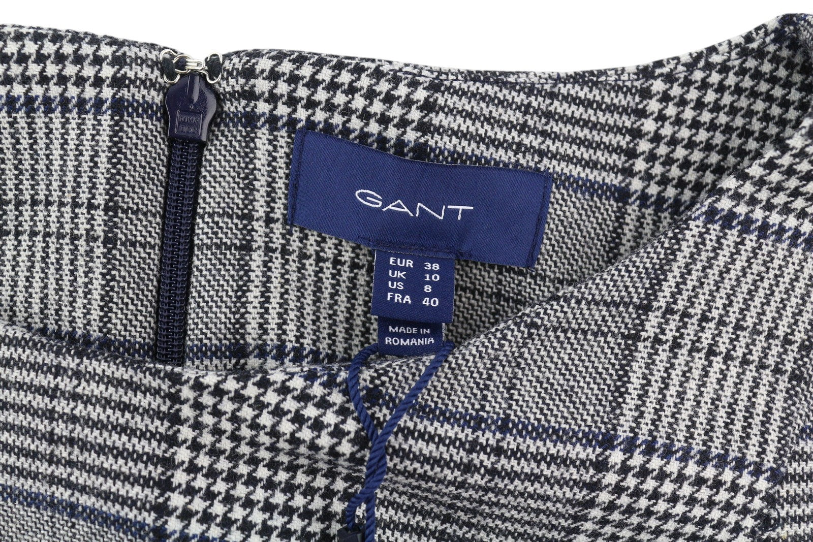 GANT Checked Flare Women Dress EU38 Grey Plaid Mini Round Neck 3/4 Sleeve