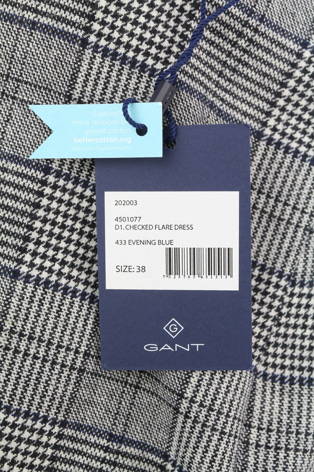 GANT Checked Flare Women Dress EU38 Grey Plaid Mini Round Neck 3/4 Sleeve