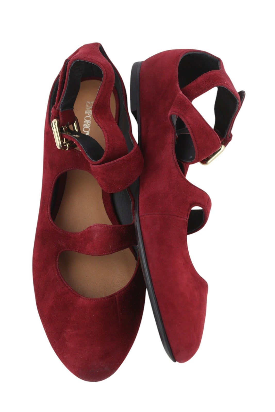 EMPORIO ARMANI X3D226 Women Flats EU37 Burgundy Suede Leather Buckle Ballerina