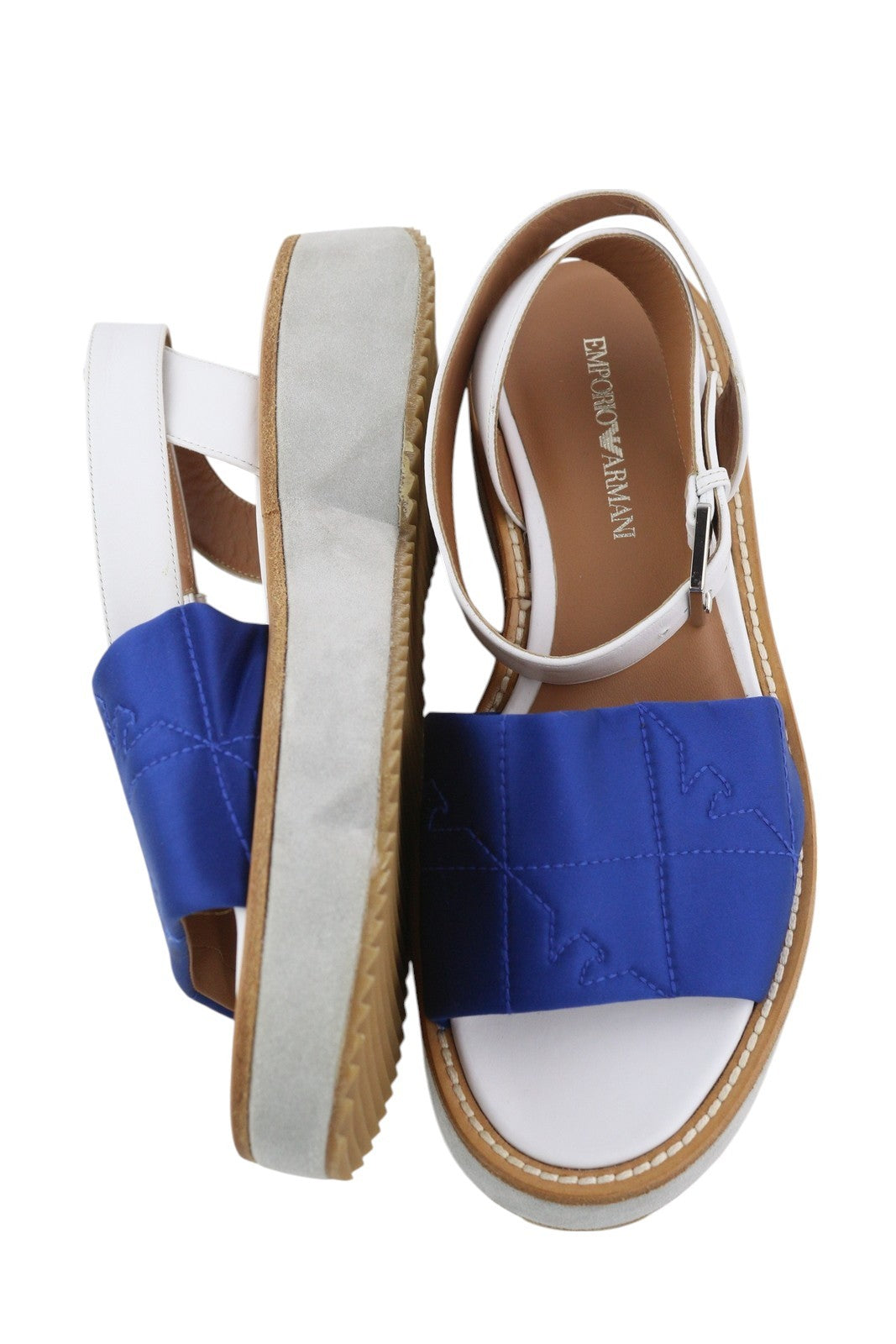 EMPORIO ARMANI X3U092 Women's Sandals EU37 Blue White Platform Open Toe Flat