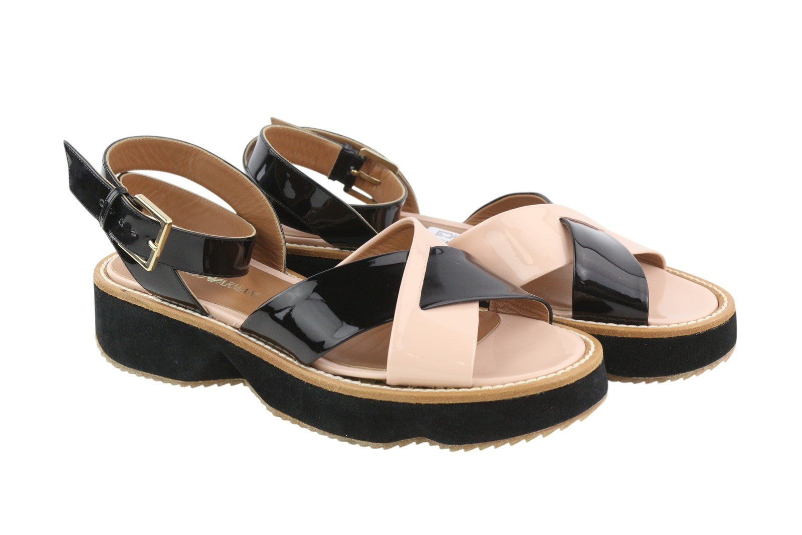 EMPORIO ARMANI X3U091 Women's Black Patent Platform Sandals EU37 Leather