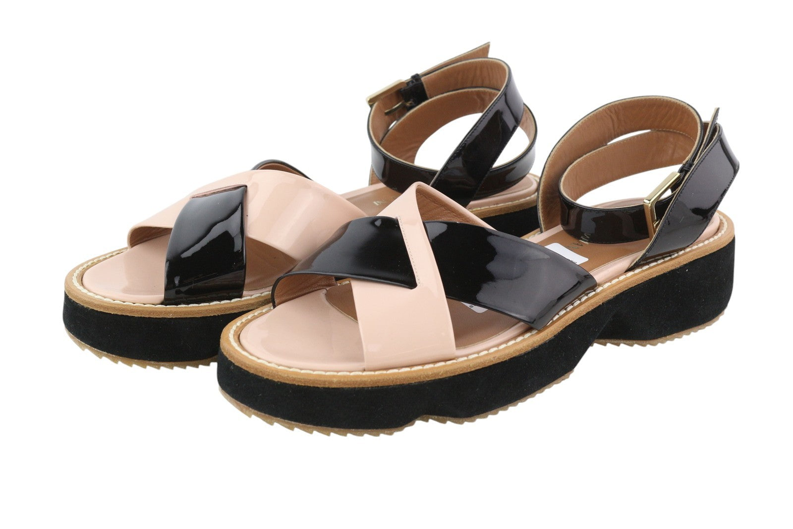 EMPORIO ARMANI X3U091 Women's Black Patent Platform Sandals EU37 Leather