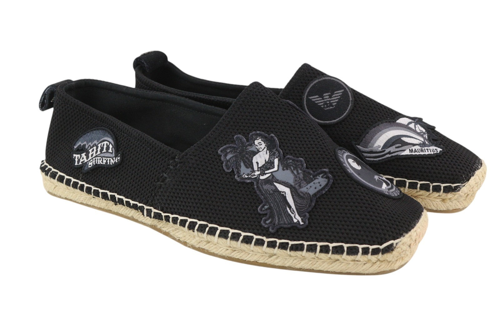 EMPORIO ARMANI X4S023 Men's Black Espadrilles EU43 Slip On Patch Detail