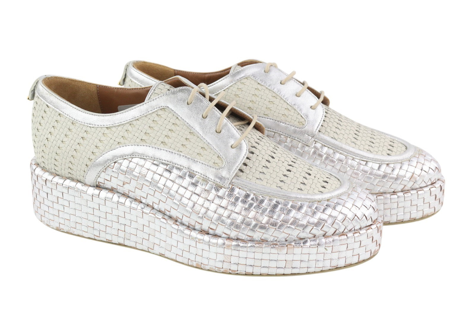 EMPORIO ARMANI X3C140 Women's Silver Braided Platform Shoes EU37 Lace Up