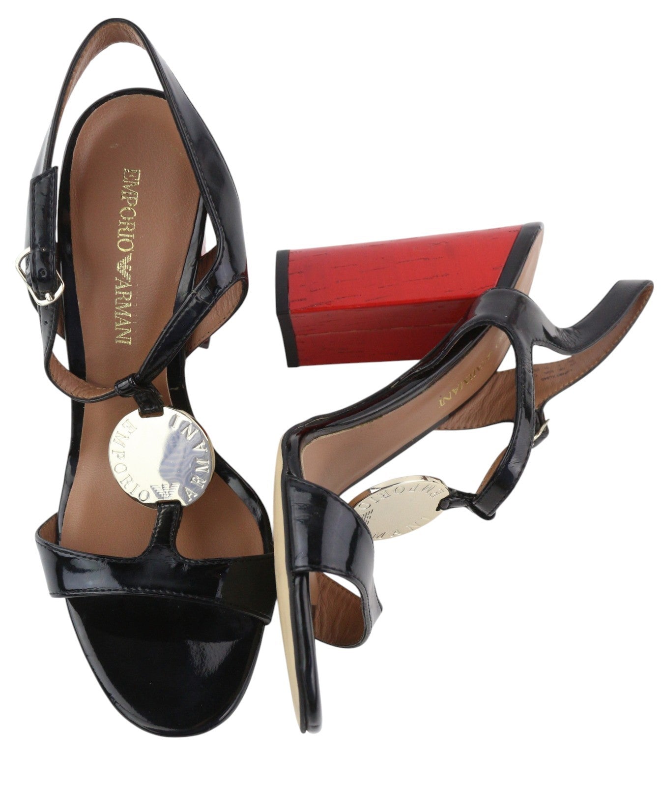 EMPORIO ARMANI X3P697 Women's Black Patent Block Heels EU37 Open Toe