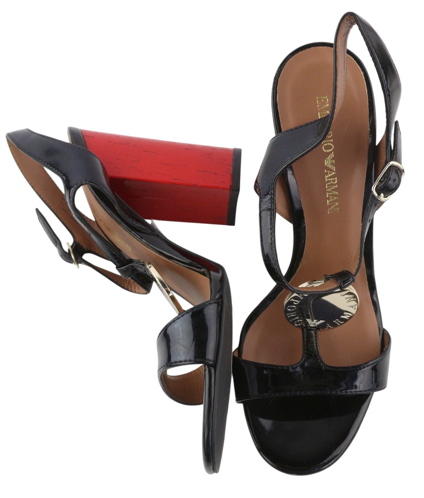 EMPORIO ARMANI X3P697 Women's Black Patent Block Heels EU37 Open Toe