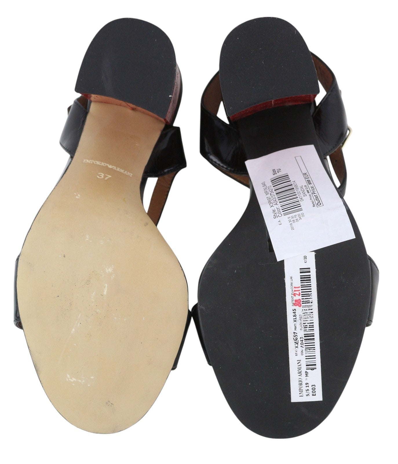 EMPORIO ARMANI X3P697 Women's Black Patent Block Heels EU37 Open Toe