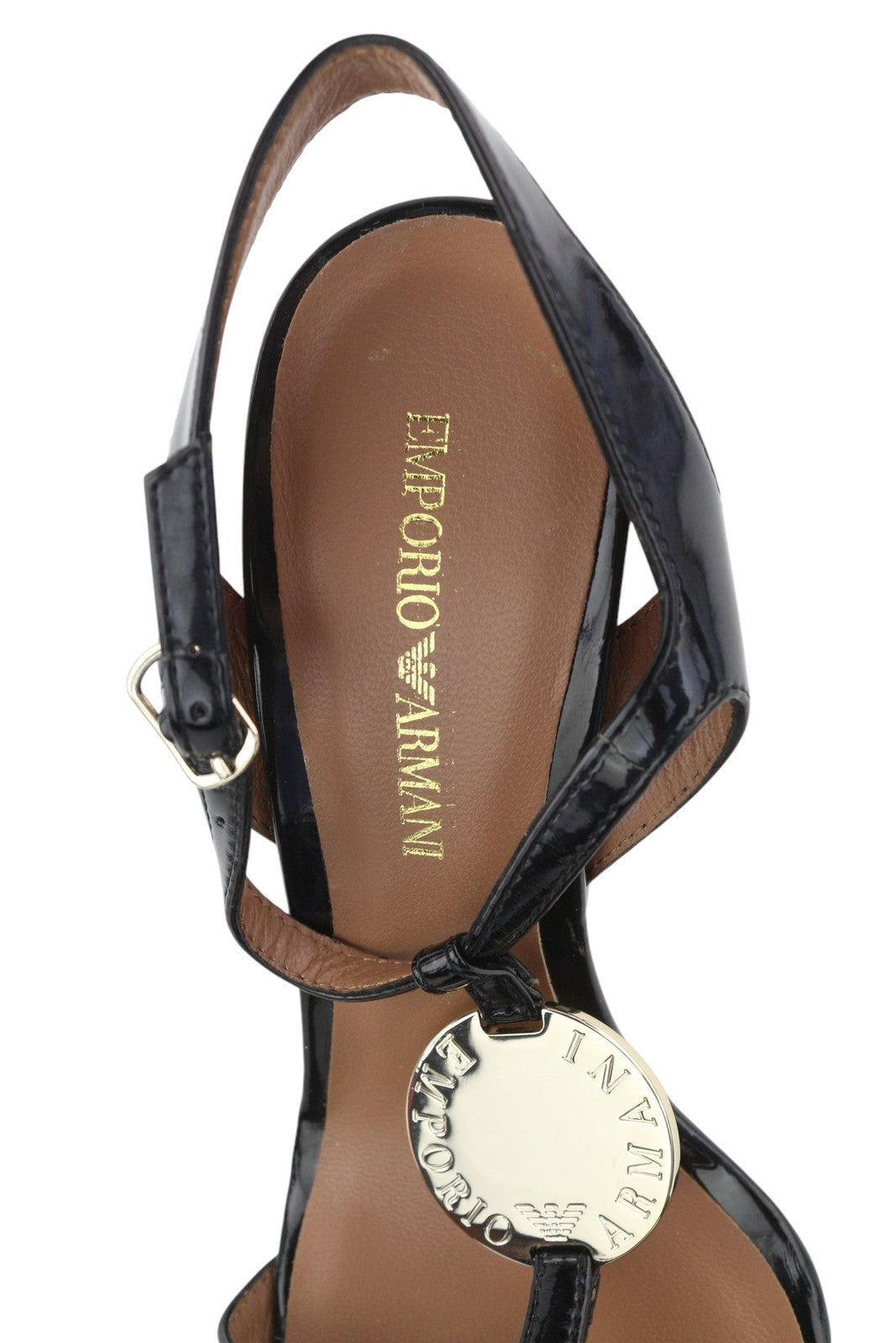 EMPORIO ARMANI X3P697 Women's Black Patent Block Heels EU37 Open Toe