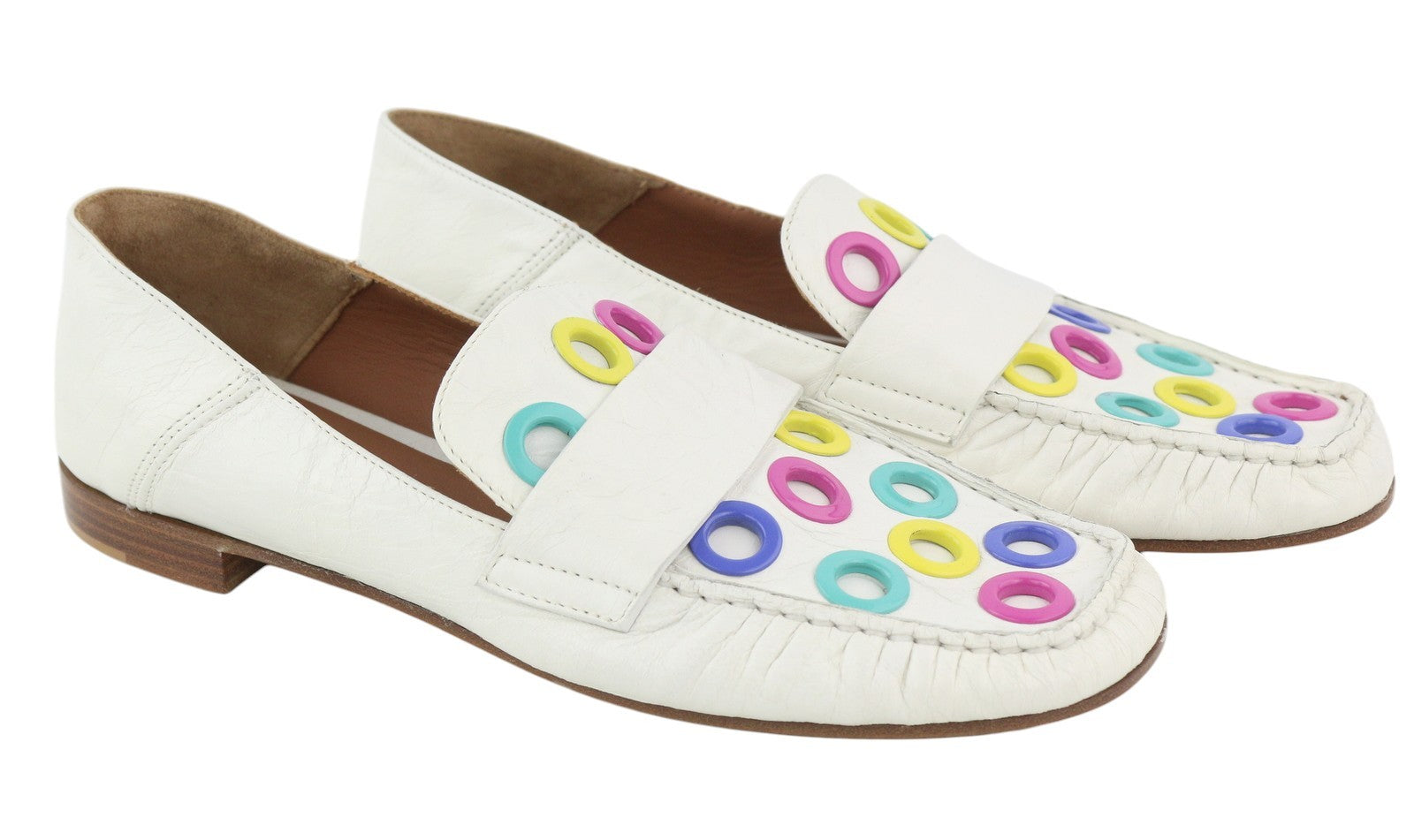 EMPORIO ARMANI Women's White Leather Loafers EU37 Square Toe Color Accent