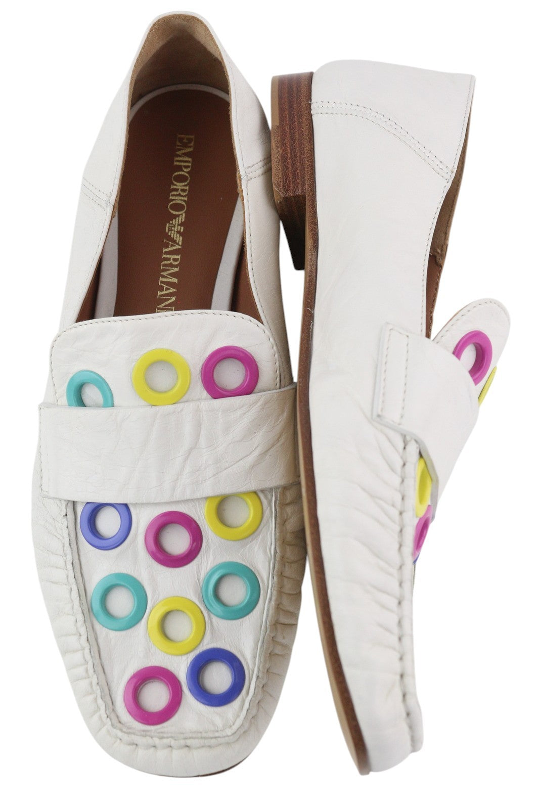 EMPORIO ARMANI Women's White Leather Loafers EU37 Square Toe Color Accent