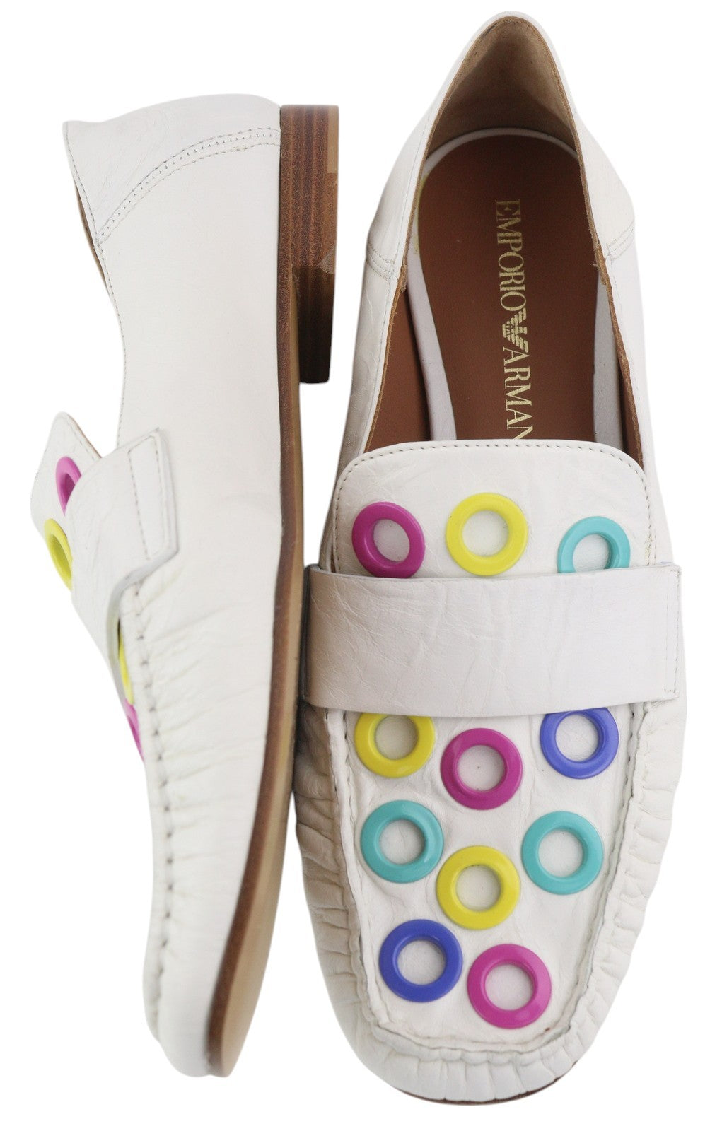 EMPORIO ARMANI Women's White Leather Loafers EU37 Square Toe Color Accent