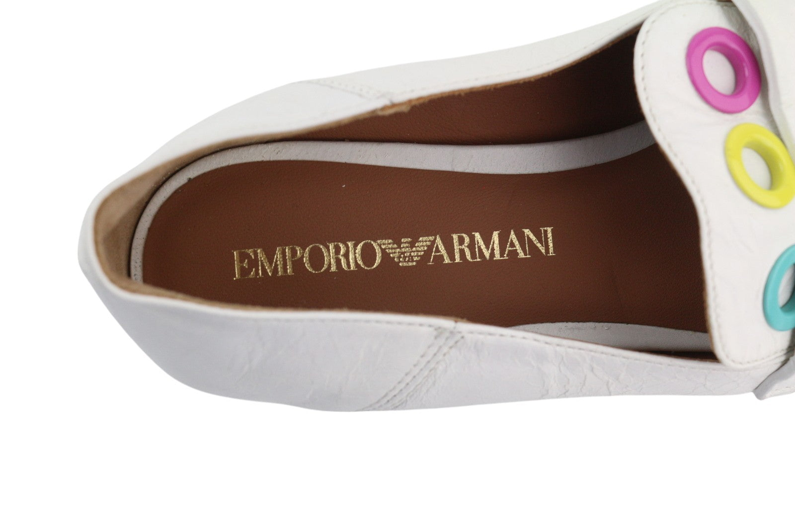 EMPORIO ARMANI Women's White Leather Loafers EU37 Square Toe Color Accent