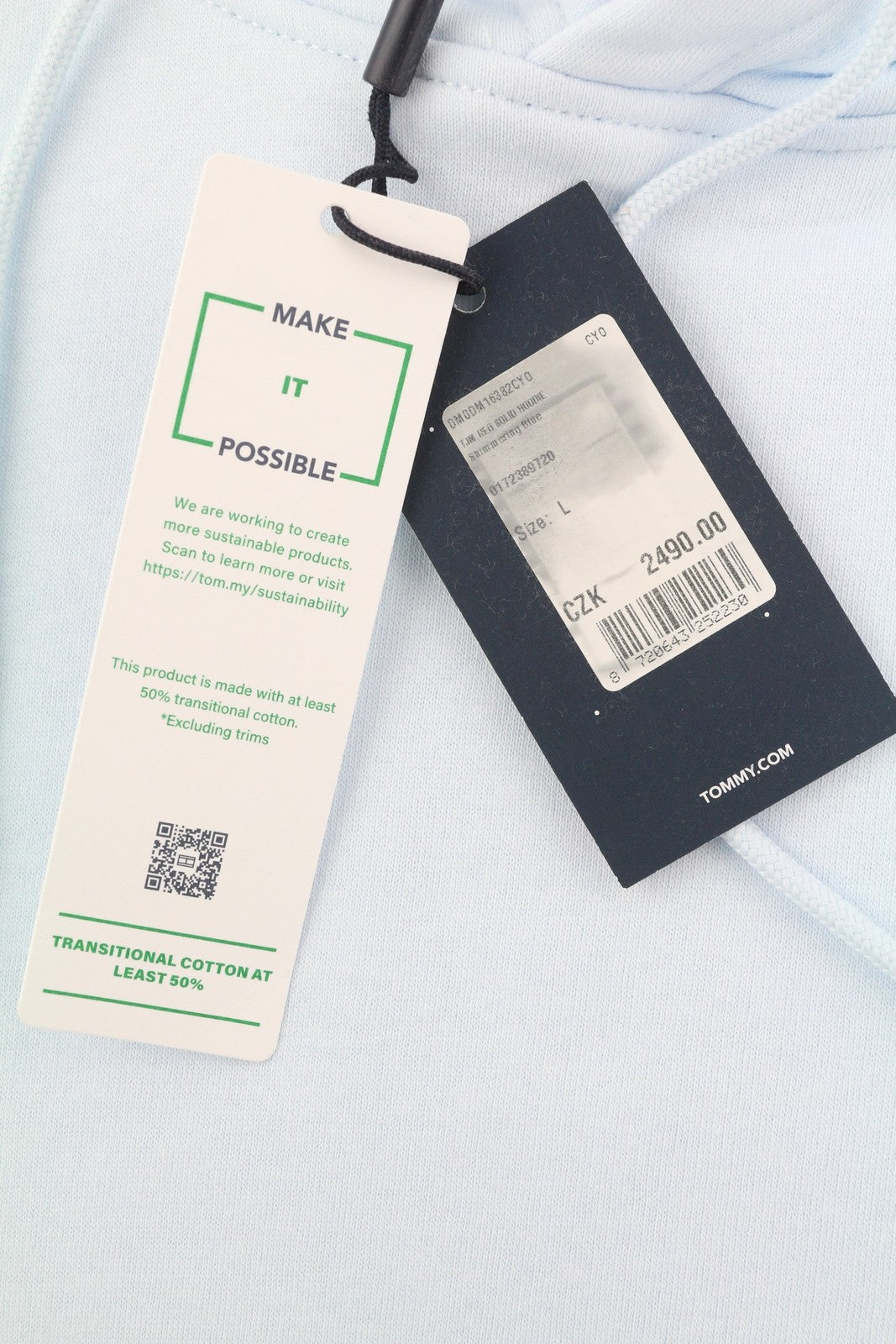 TOMMY HILFIGER Men's Light Blue Hoodie L Logo Hooded Kangaroo Pocket