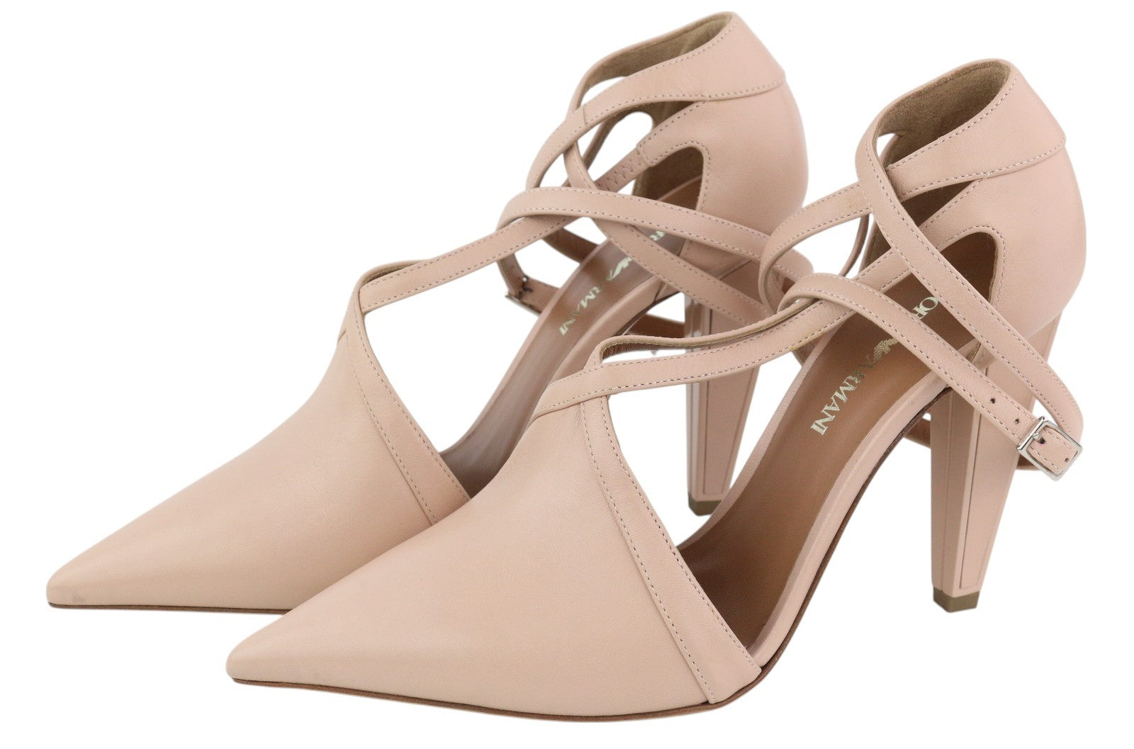 EMPORIO ARMANI Women's Pink Leather Heels EU37 Pointed Toe Strappy Buckle