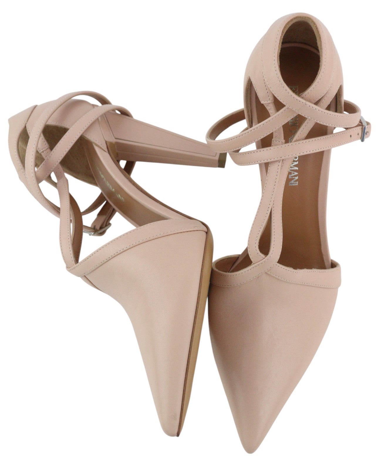 EMPORIO ARMANI Women's Pink Leather Heels EU37 Pointed Toe Strappy Buckle