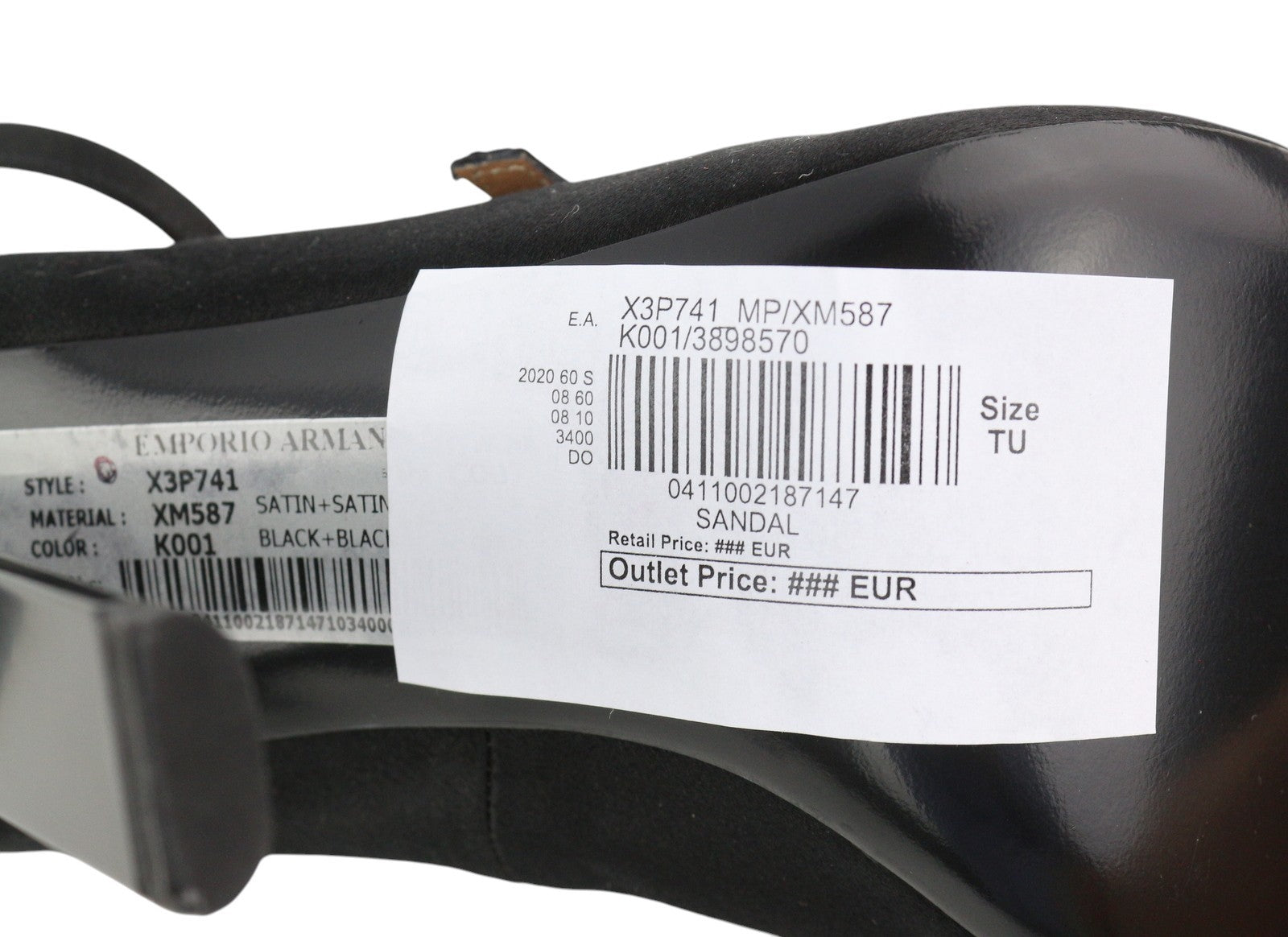 EMPORIO ARMANI X3P741 Women's Black Satin Heels EU37 Open Toe Buckle Logo