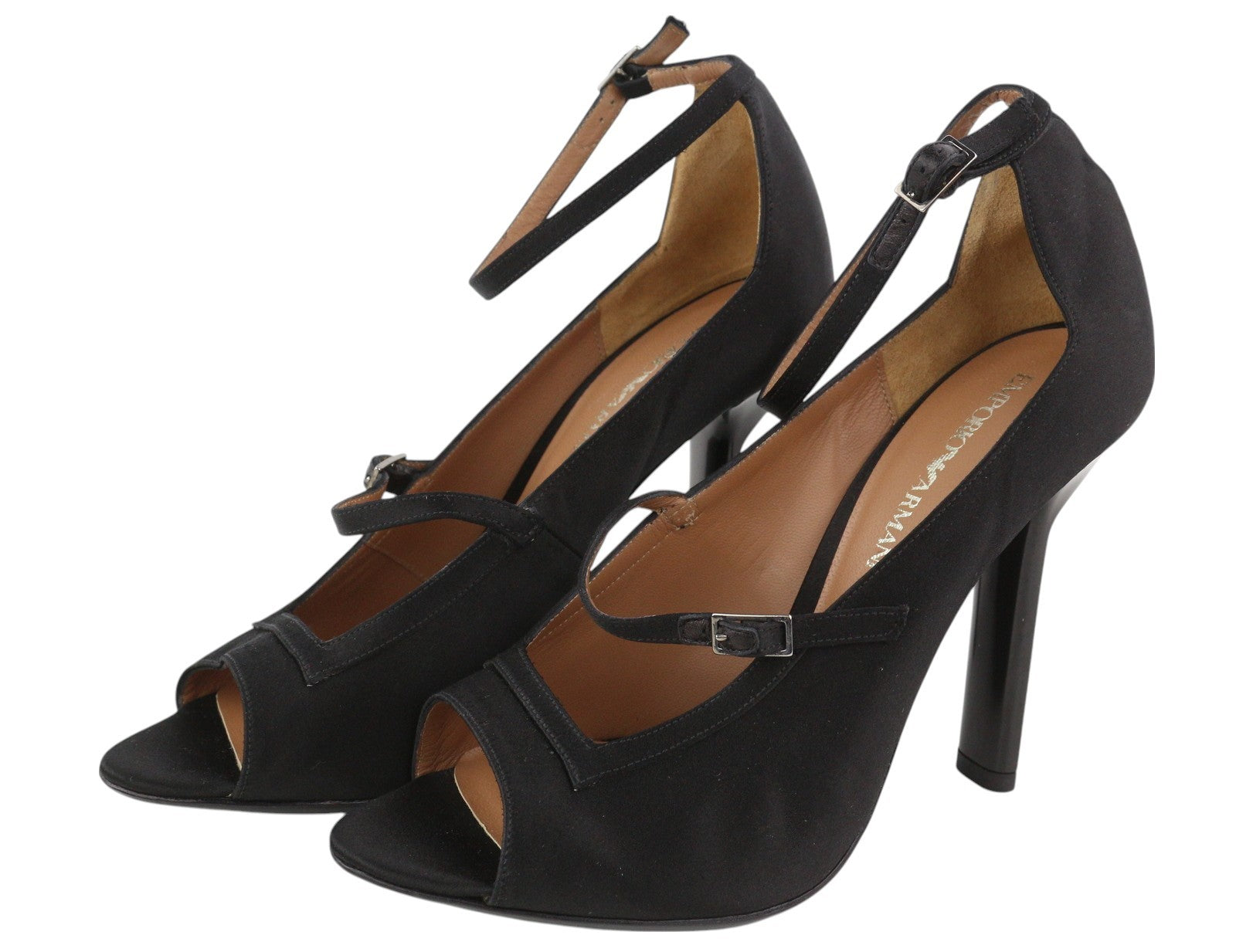 EMPORIO ARMANI X3P741 Women's Black Satin Heels EU37 Open Toe Buckle Logo