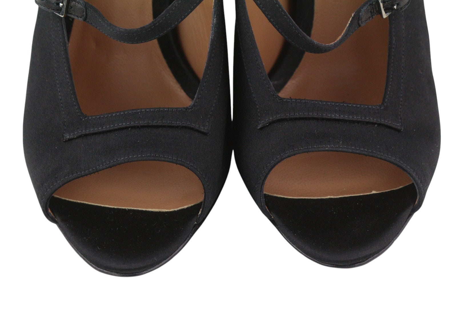 EMPORIO ARMANI X3P741 Women's Black Satin Heels EU37 Open Toe Buckle Logo