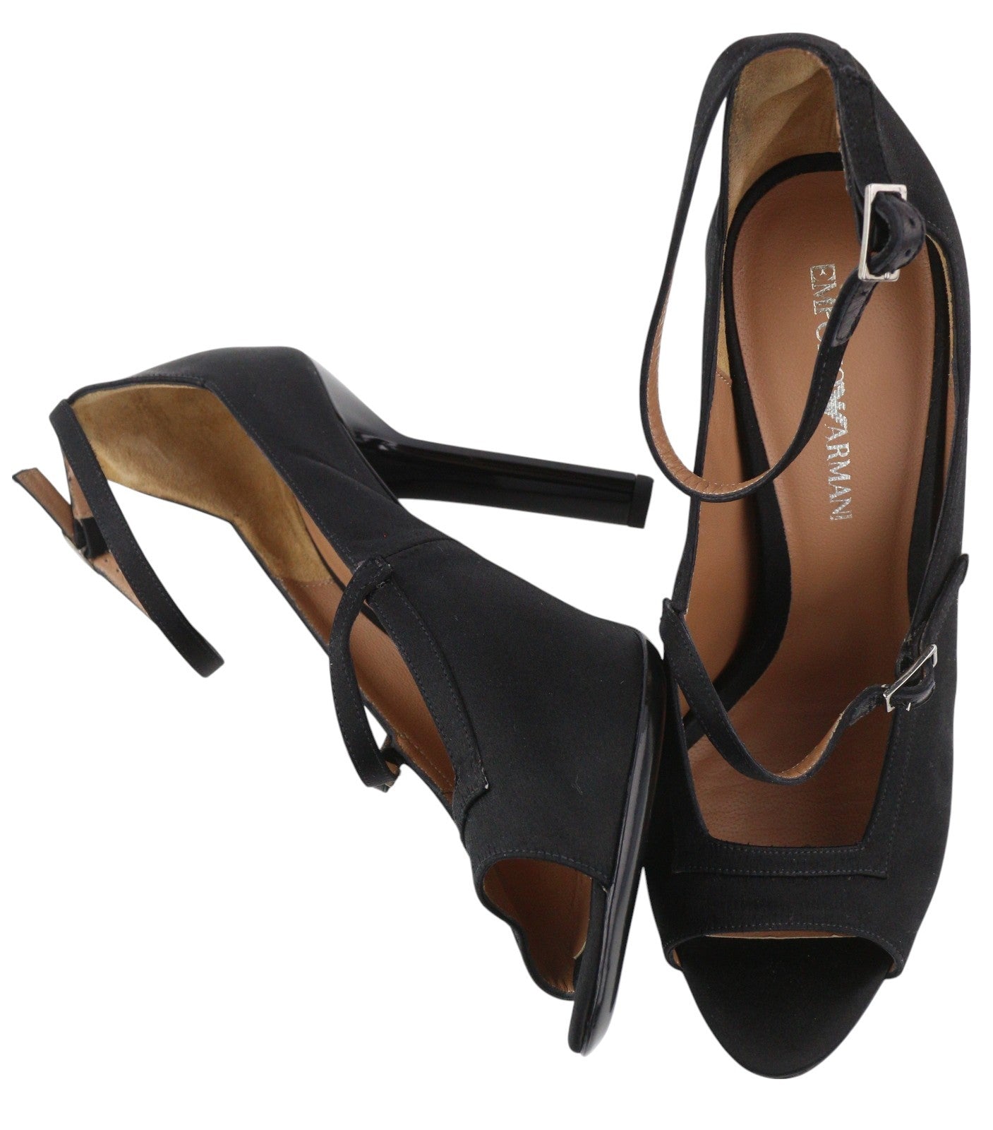 EMPORIO ARMANI X3P741 Women's Black Satin Heels EU37 Open Toe Buckle Logo
