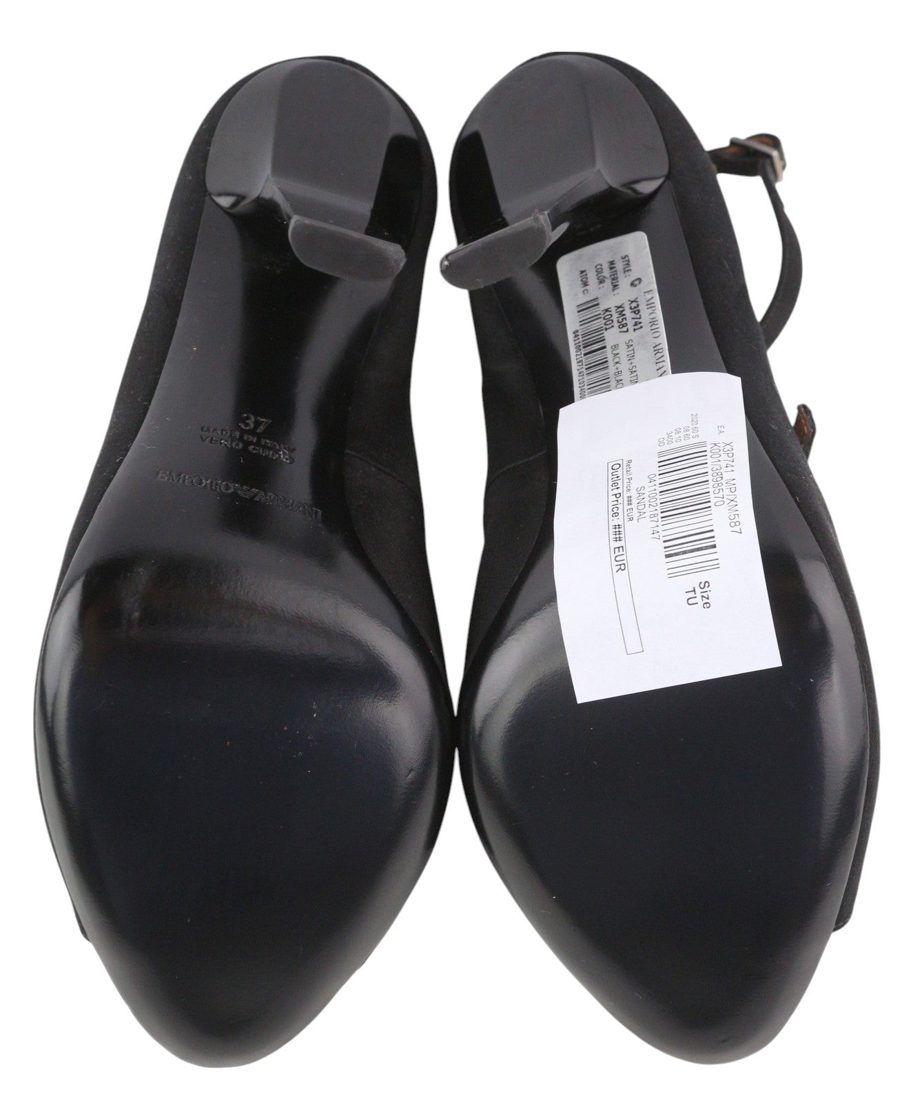 EMPORIO ARMANI X3P741 Women's Black Satin Heels EU37 Open Toe Buckle Logo