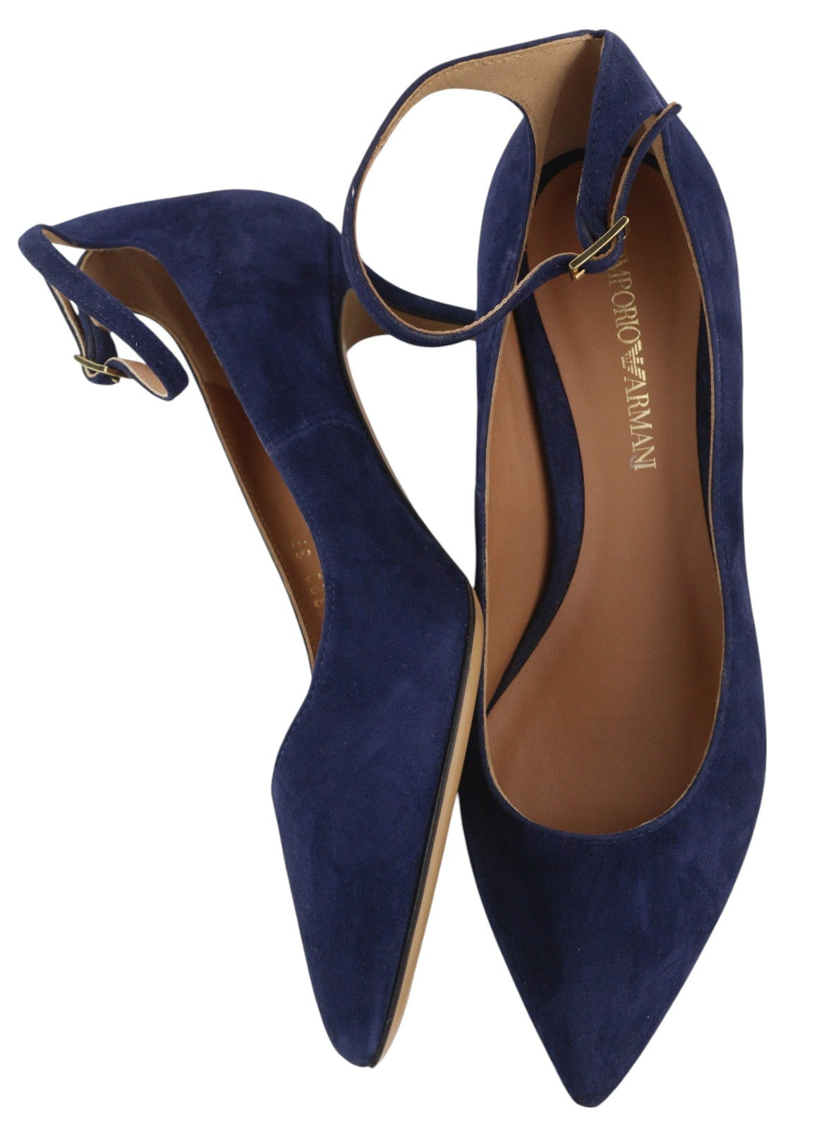 EMPORIO ARMANI Women's Blue Suede Heels EU37 Pointed Toe Buckle Fastening