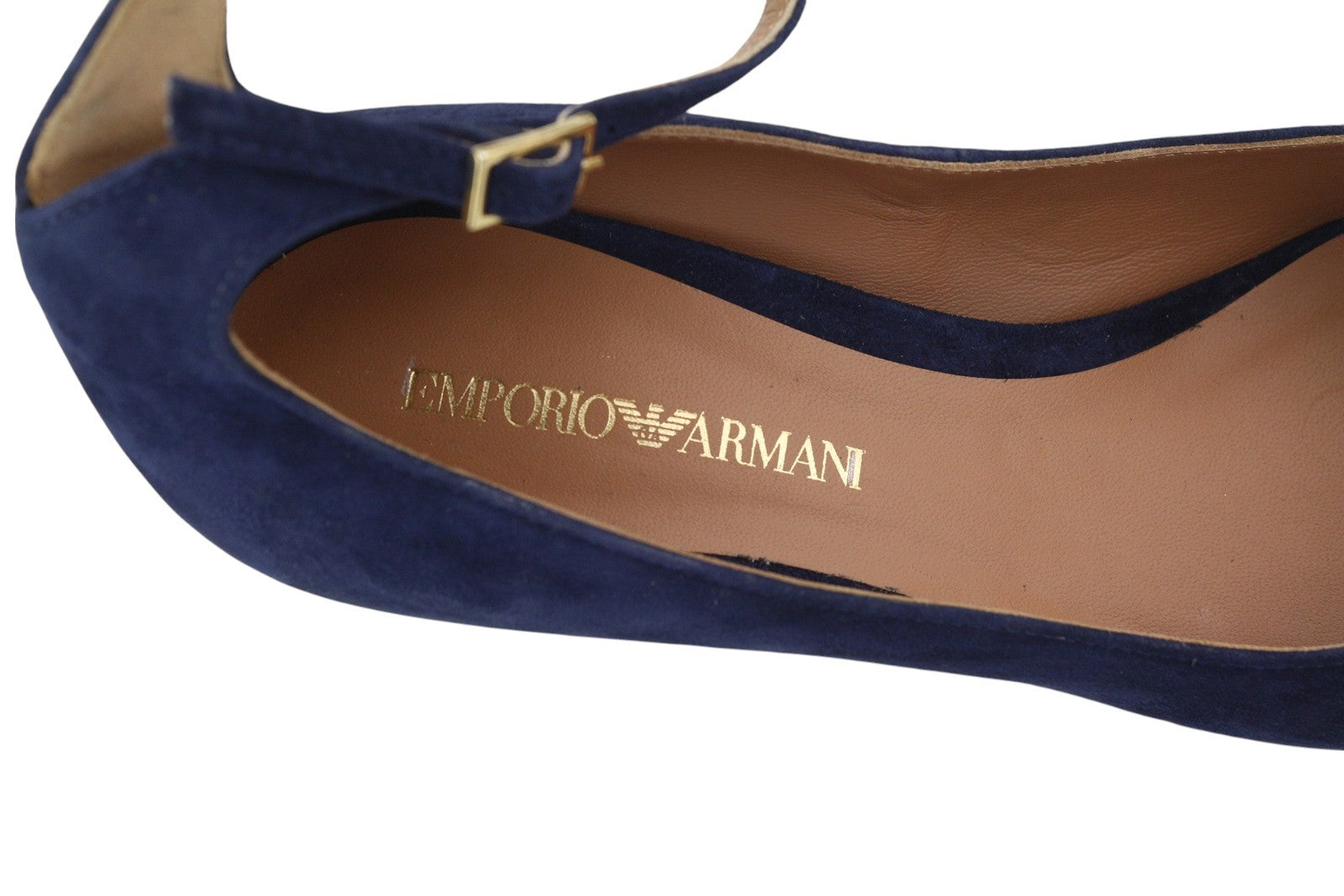 EMPORIO ARMANI Women's Blue Suede Heels EU37 Pointed Toe Buckle Fastening