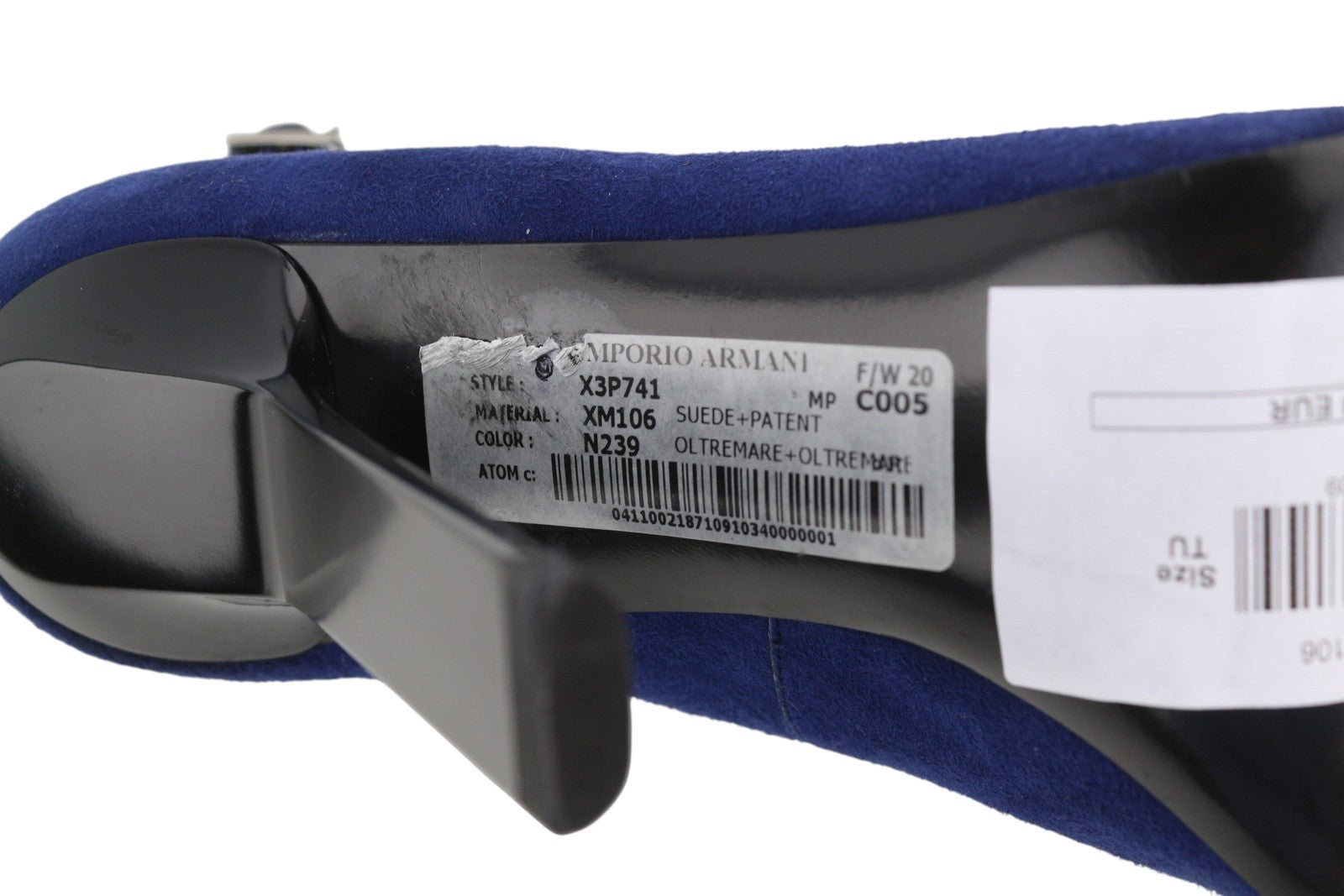 EMPORIO ARMANI X3P741 Women's Blue Suede Patent Heels EU37 Open Toe Buckle