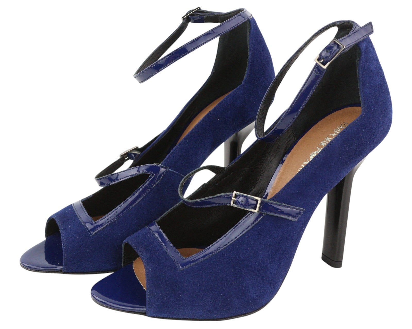 EMPORIO ARMANI X3P741 Women's Blue Suede Patent Heels EU37 Open Toe Buckle