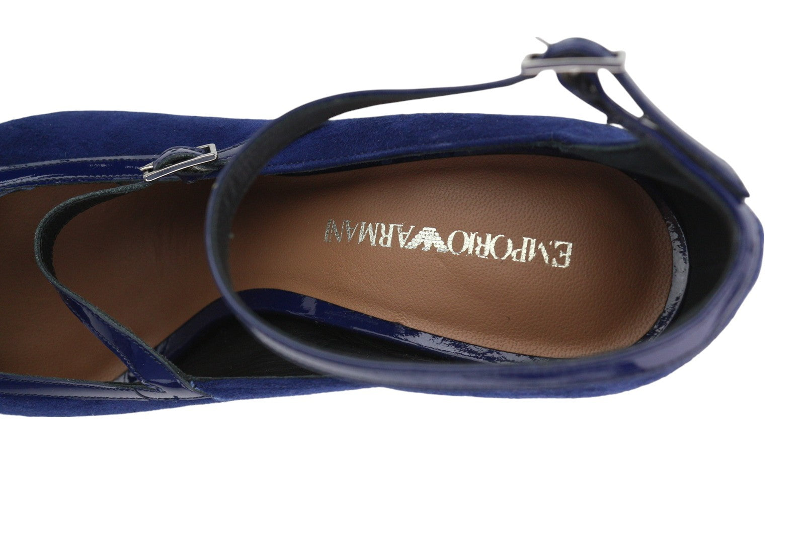 EMPORIO ARMANI X3P741 Women's Blue Suede Patent Heels EU37 Open Toe Buckle