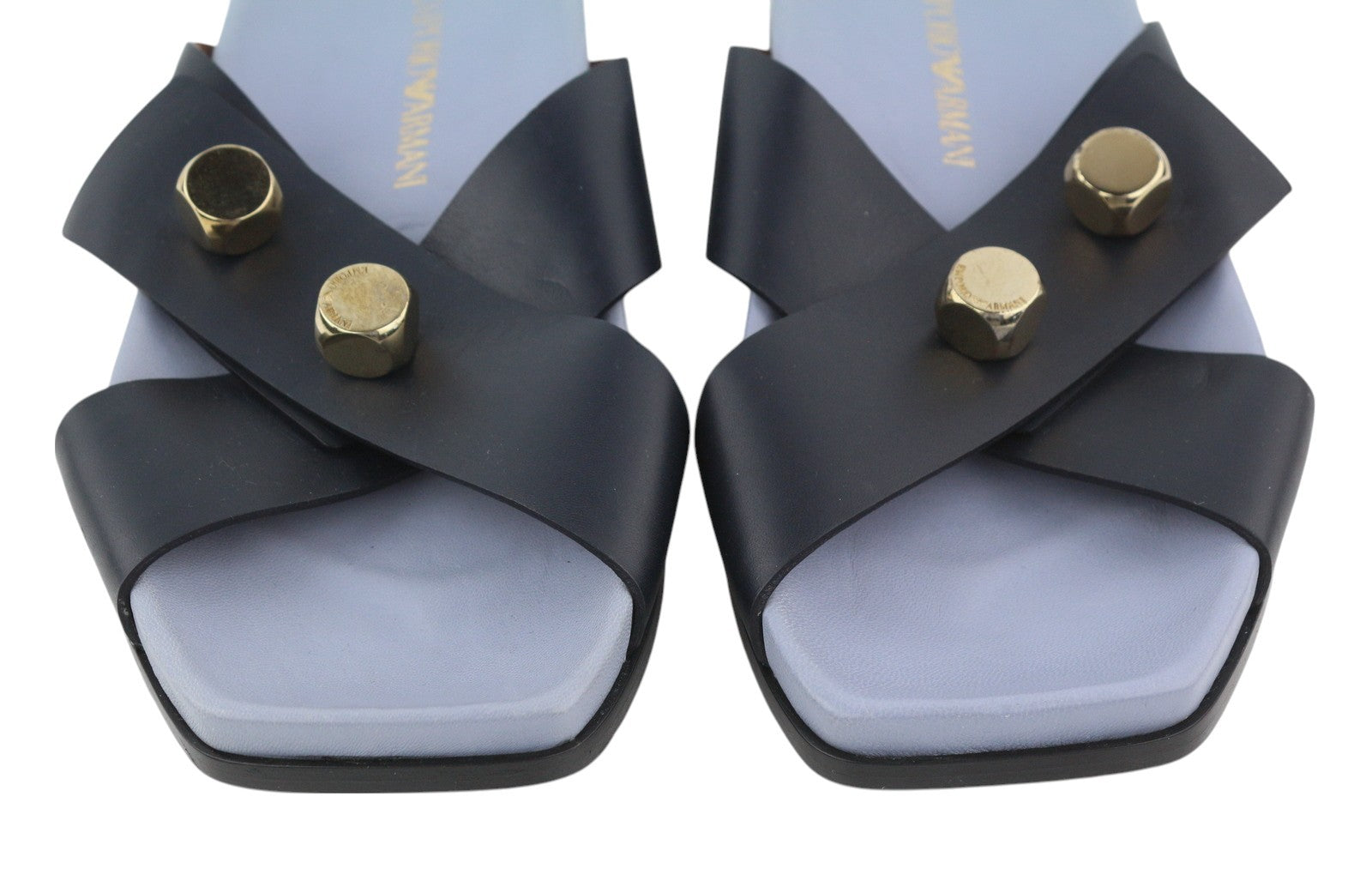 EMPORIO ARMANI Women's Black Leather Flats EU37 Open Toe Slip-On Metal Detail