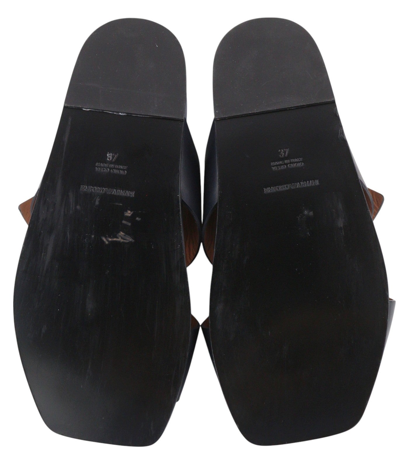 EMPORIO ARMANI Women's Black Leather Flats EU37 Open Toe Slip-On Metal Detail