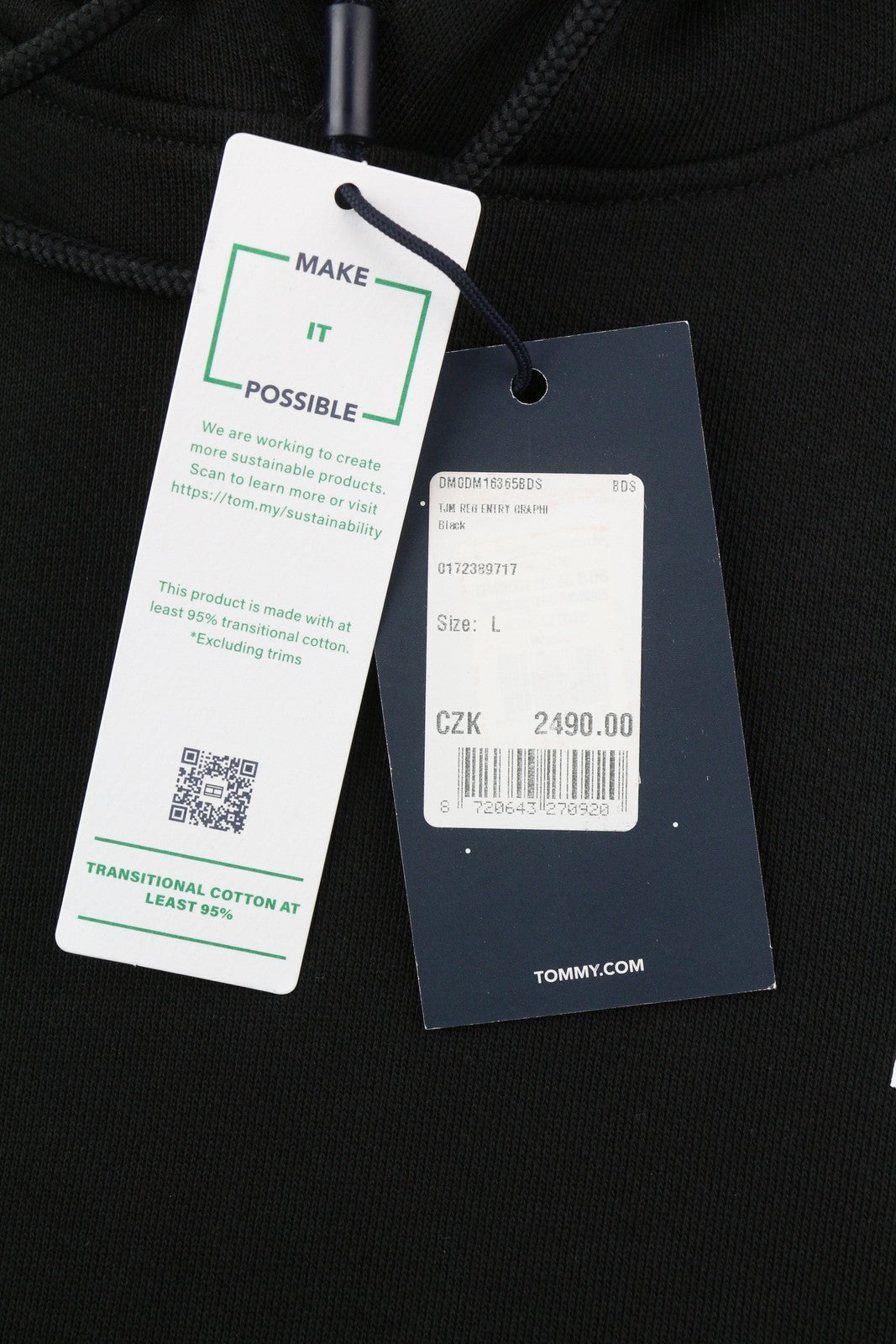 TOMMY HILFIGER Men's Regular Graphic Hoodie L Black Pull On Kangaroo Pocket