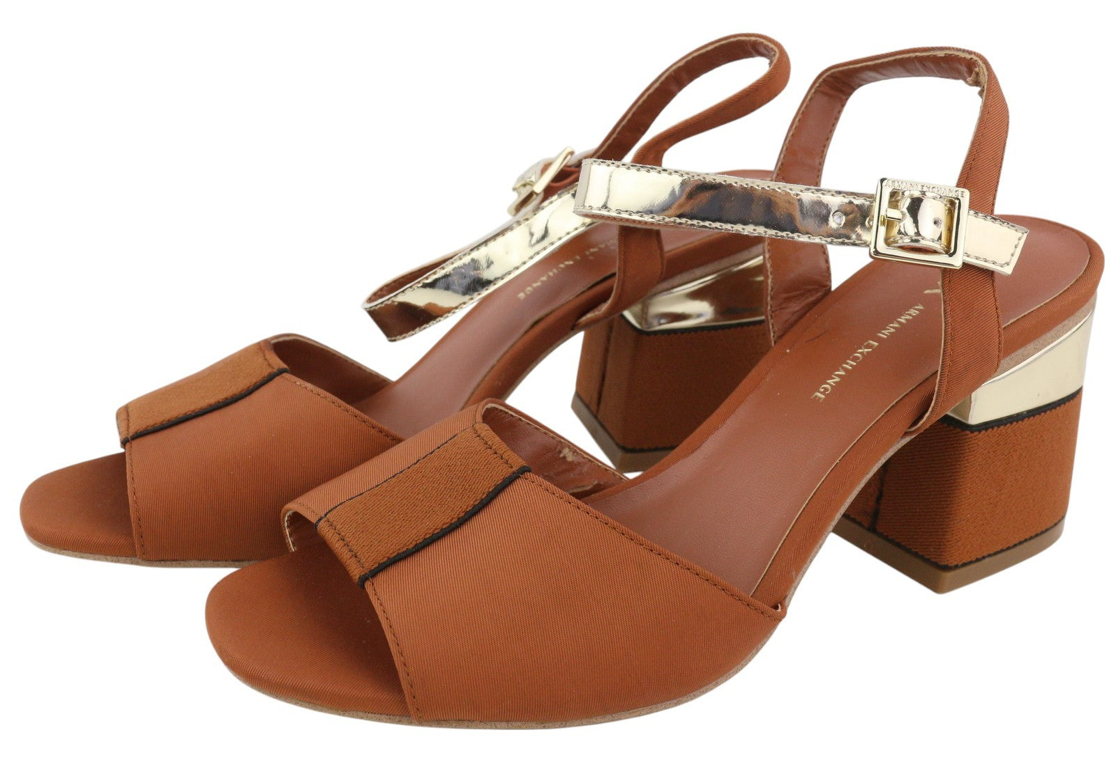 ARMANI EXCHANGE XDP005 Women's Brown Shiny Sandals EU37 Block Heel Detail