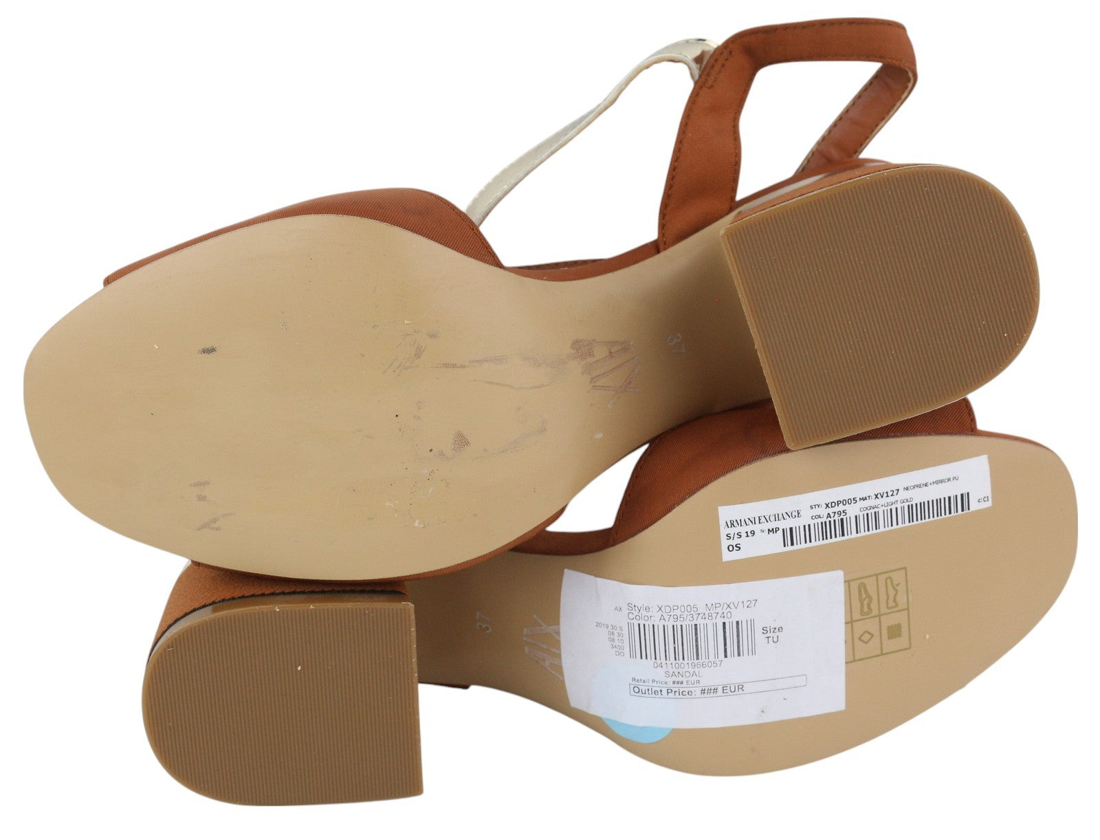 ARMANI EXCHANGE XDP005 Women's Brown Shiny Sandals EU37 Block Heel Detail